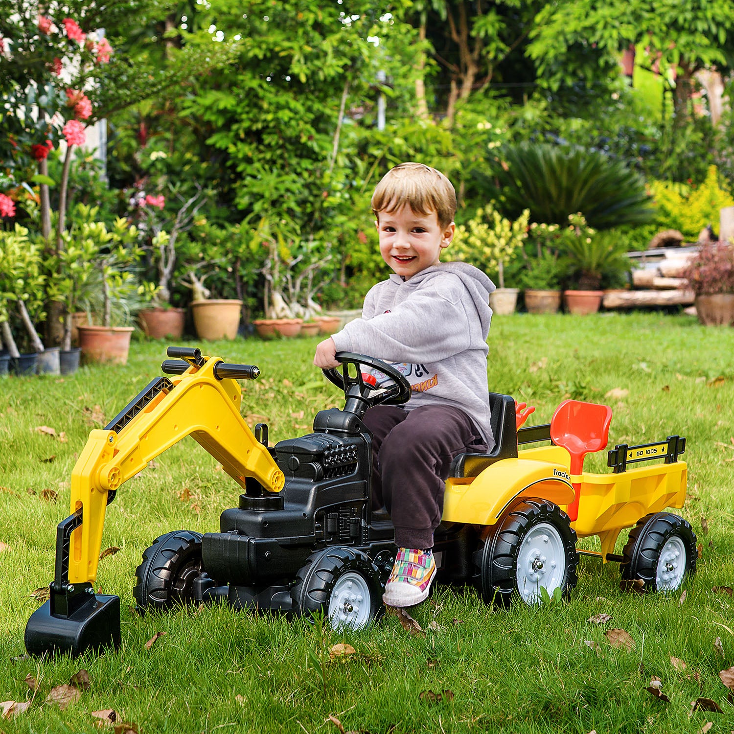 HOMCOM Kids Ride-On Construction Car, with Horn and Detachable Trailer - Yellow