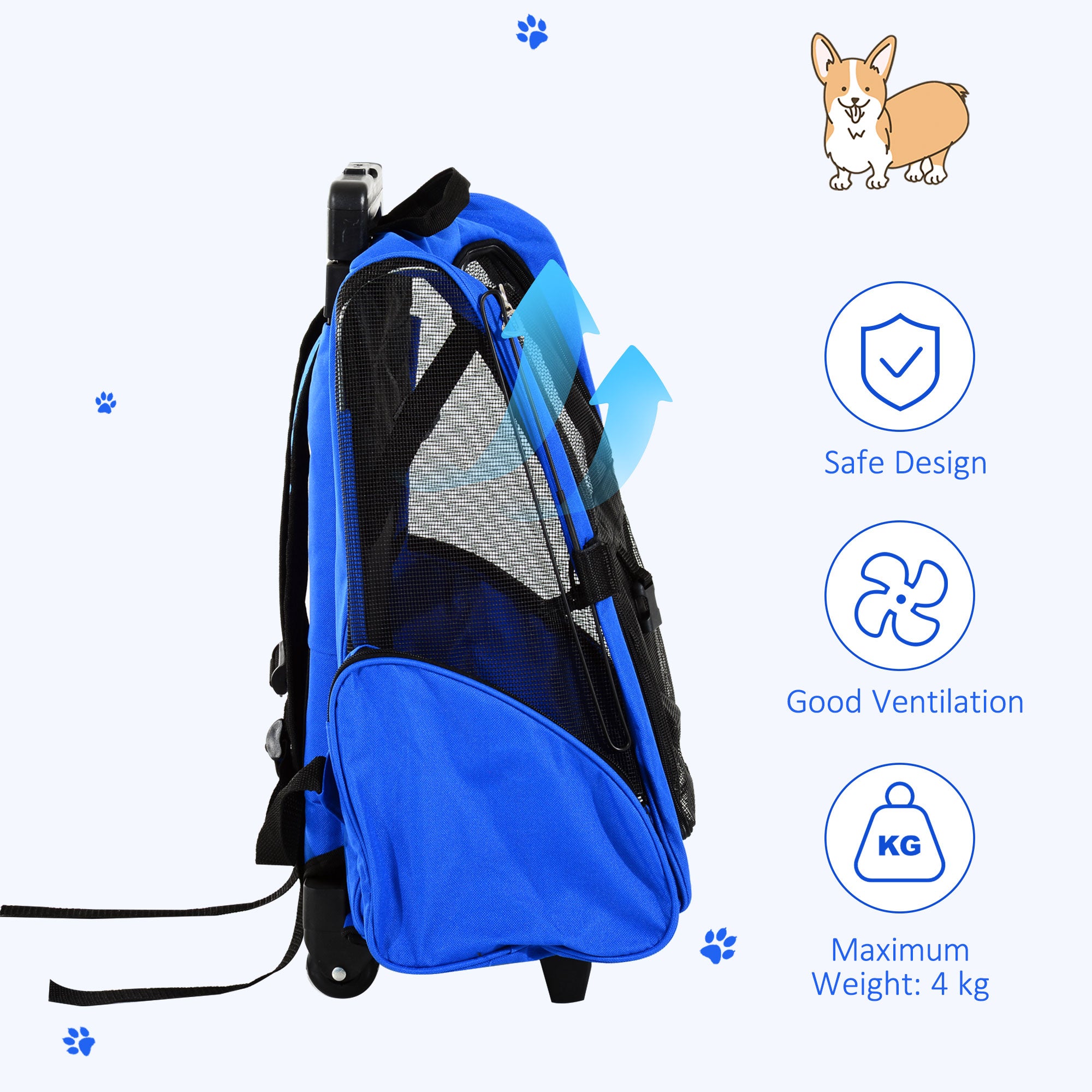 PawHut Portable Pet Carrier Backpack with Trolley, Telescopic Handle, Stroller Wheels for Cats & Dogs, 42 x 25 x 55 cm, Blue