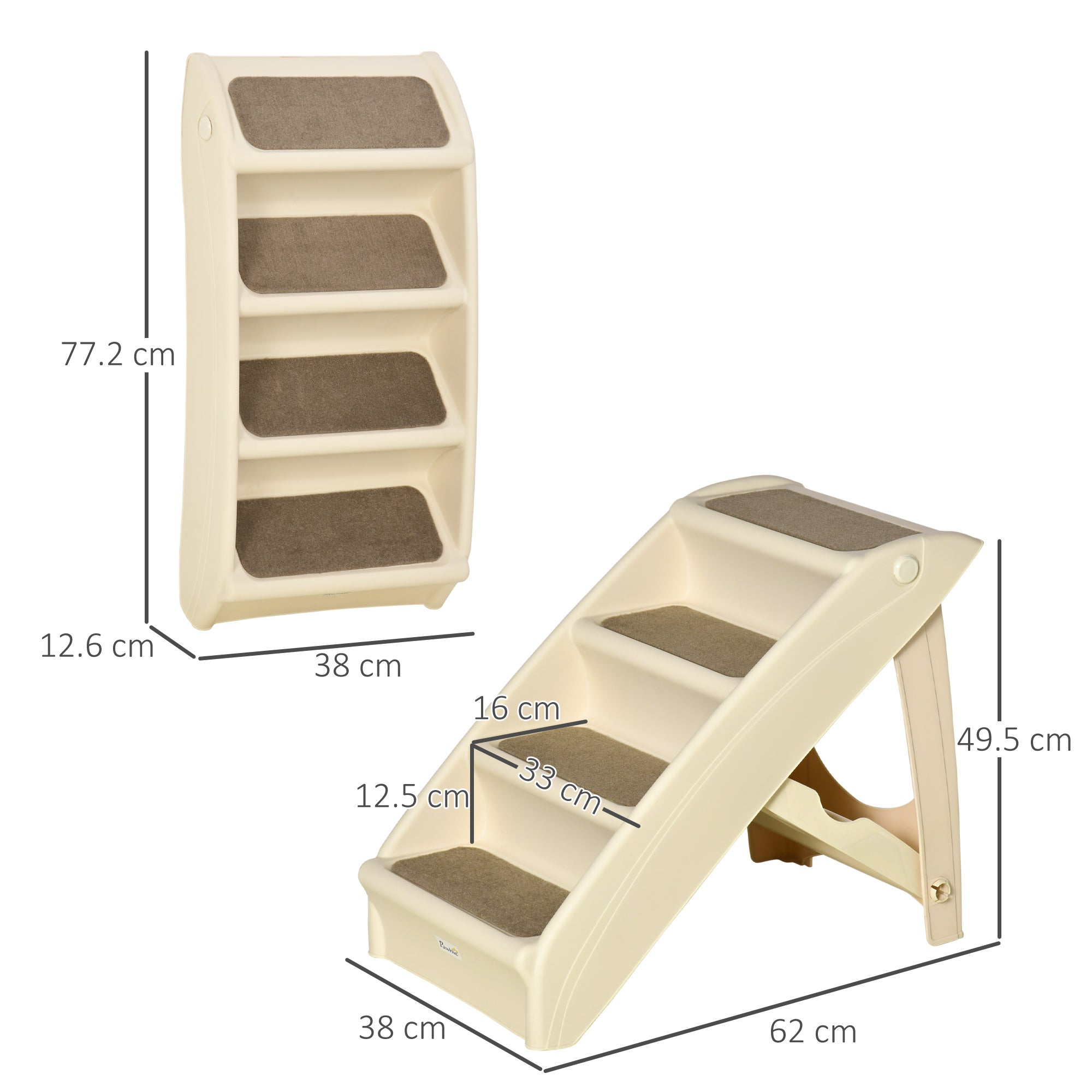 PawHut Foldable Four-Step Pet Stairs, for Cats, Small Miniature Dogs, with Non-Slip Mats 62 x 38 x 49.5cm - Beige - North Peak Garden Furniture