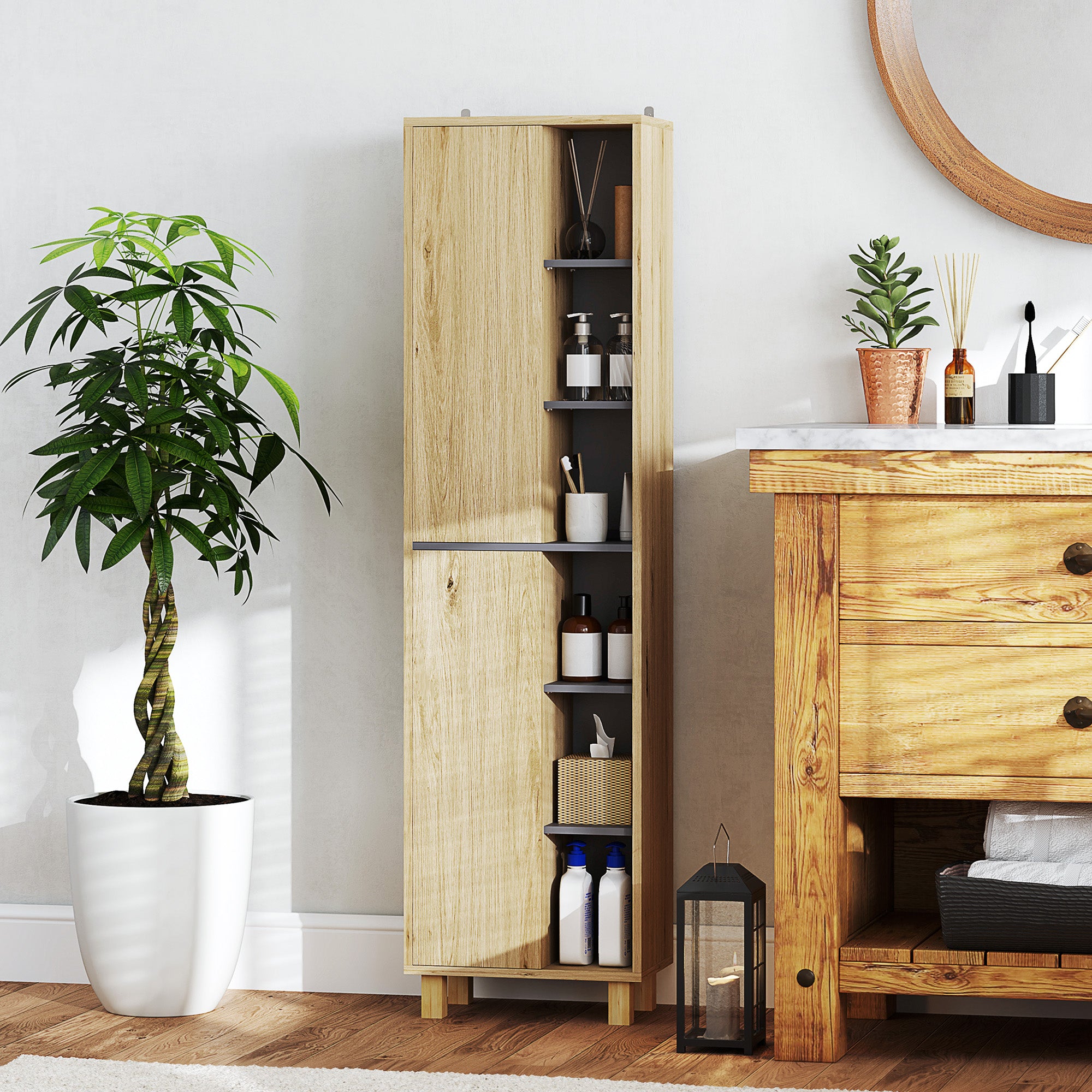 HOMCOM Multi-Storage Slim Bathroom Cabinet - Wood-Effect - North Peak Garden Furniture