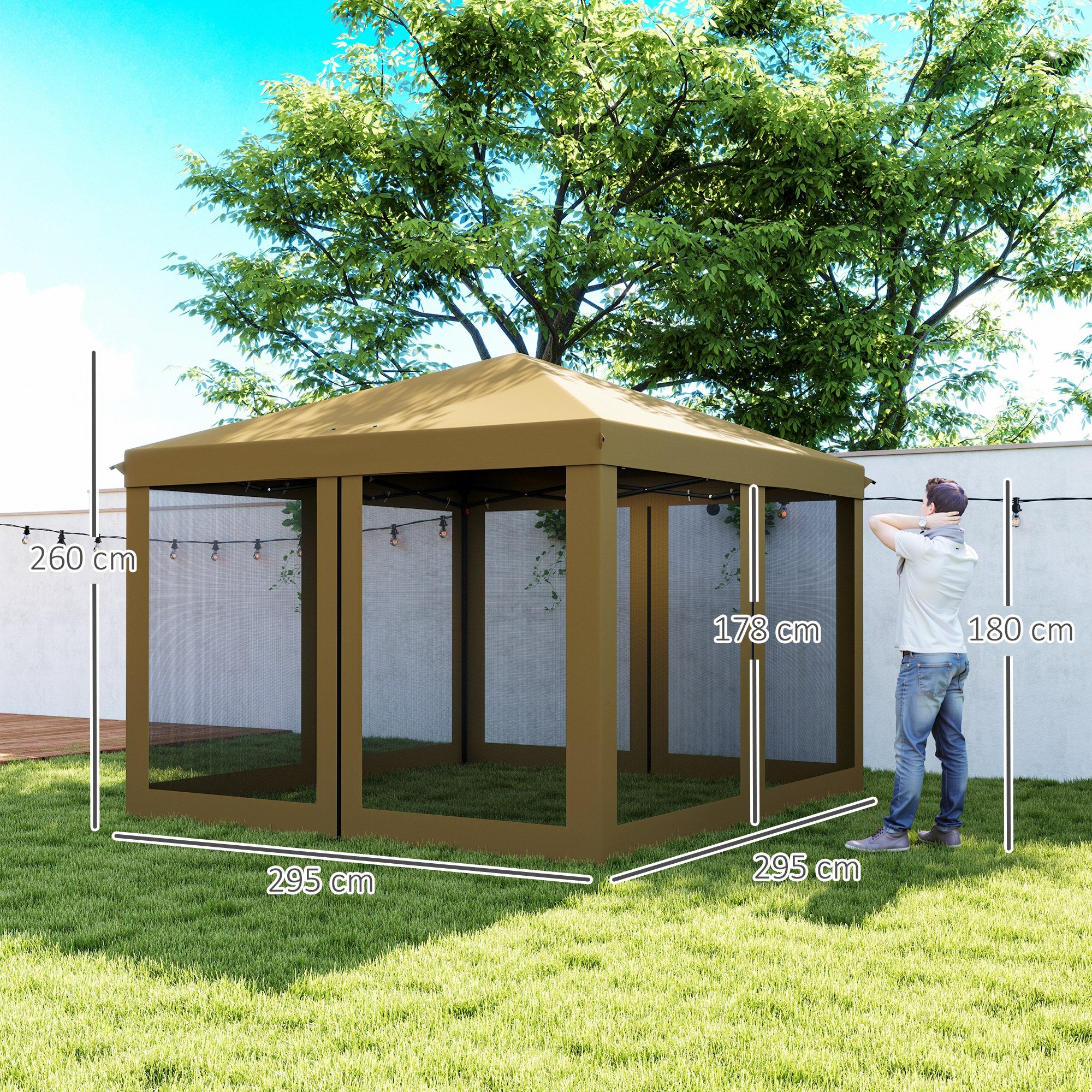Outsunny 3 x 3 m Pop Up Gazebo, 420D Garden Tent Canopy with Removable Mesh Sidewall Netting, Carry Bag for Garden Patio Outdoor, Khaki - North Peak Garden Furniture