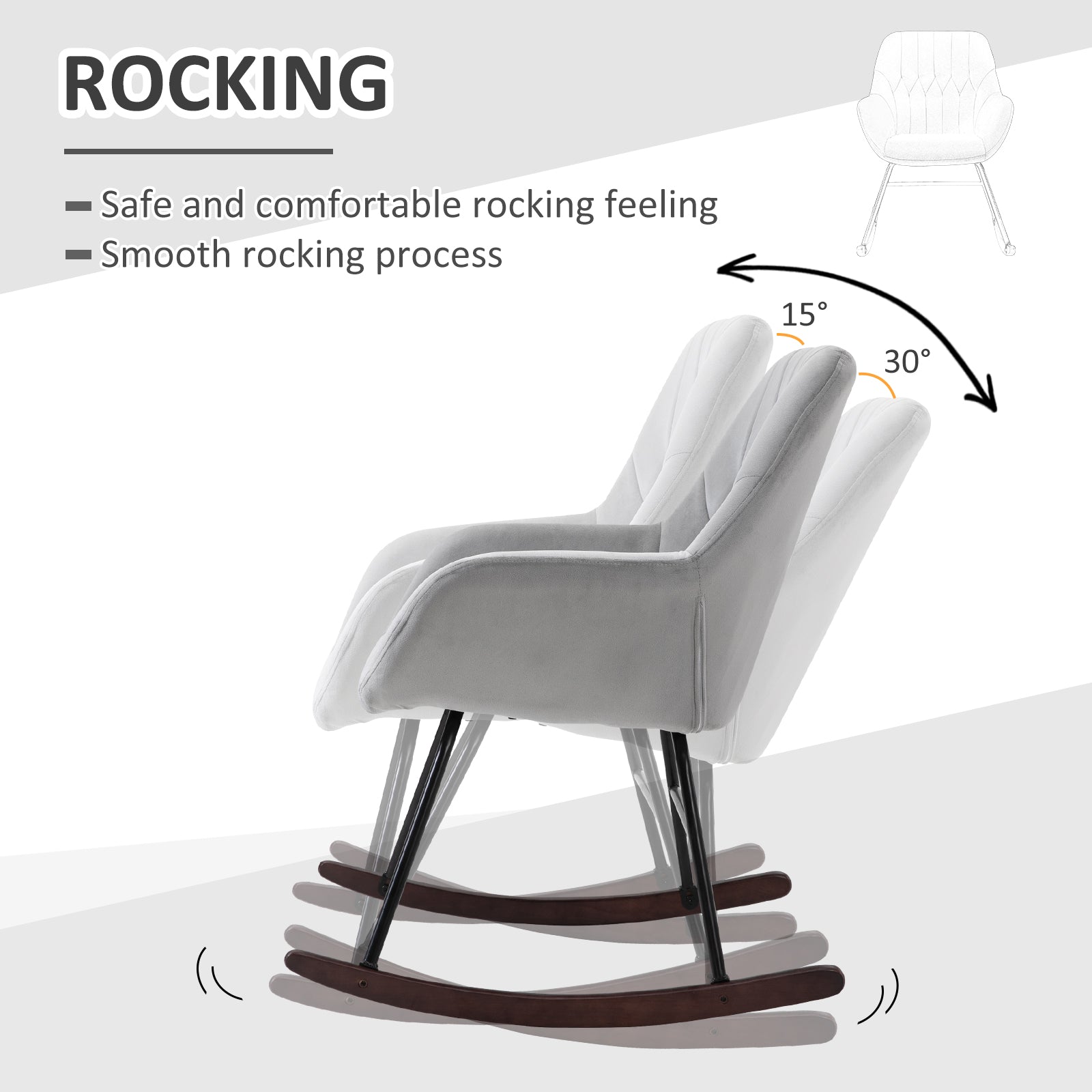 HOMCOM Rocking Chair Reading Accent Armchair with Steel Frame Sponge Padded for Living Room, Dining Room, Office, Balcony, Grey and Black - North Peak Garden Furniture