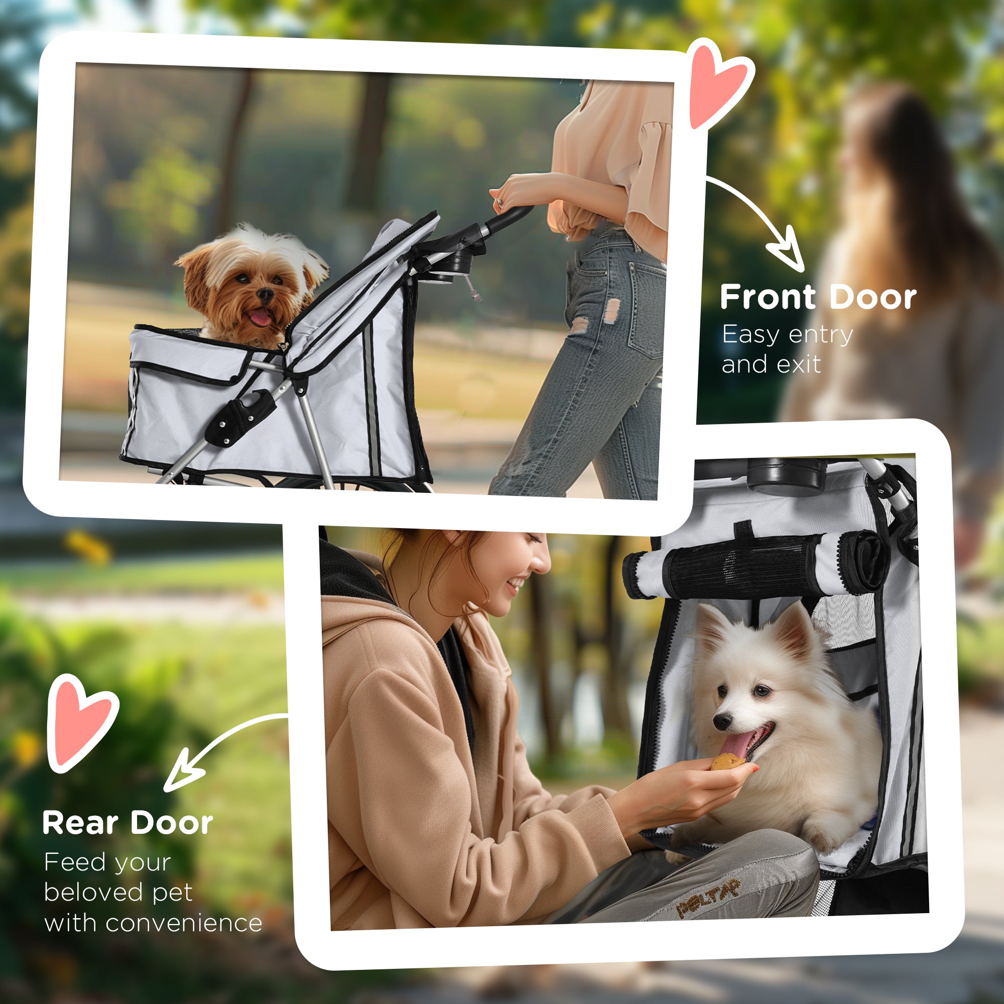 PawHut Pet Stroller for Small Miniature Dogs Cats Foldable Travel Carriage with Wheels Zipper Entry Cup Holder Storage Basket Grey - North Peak Garden Furniture