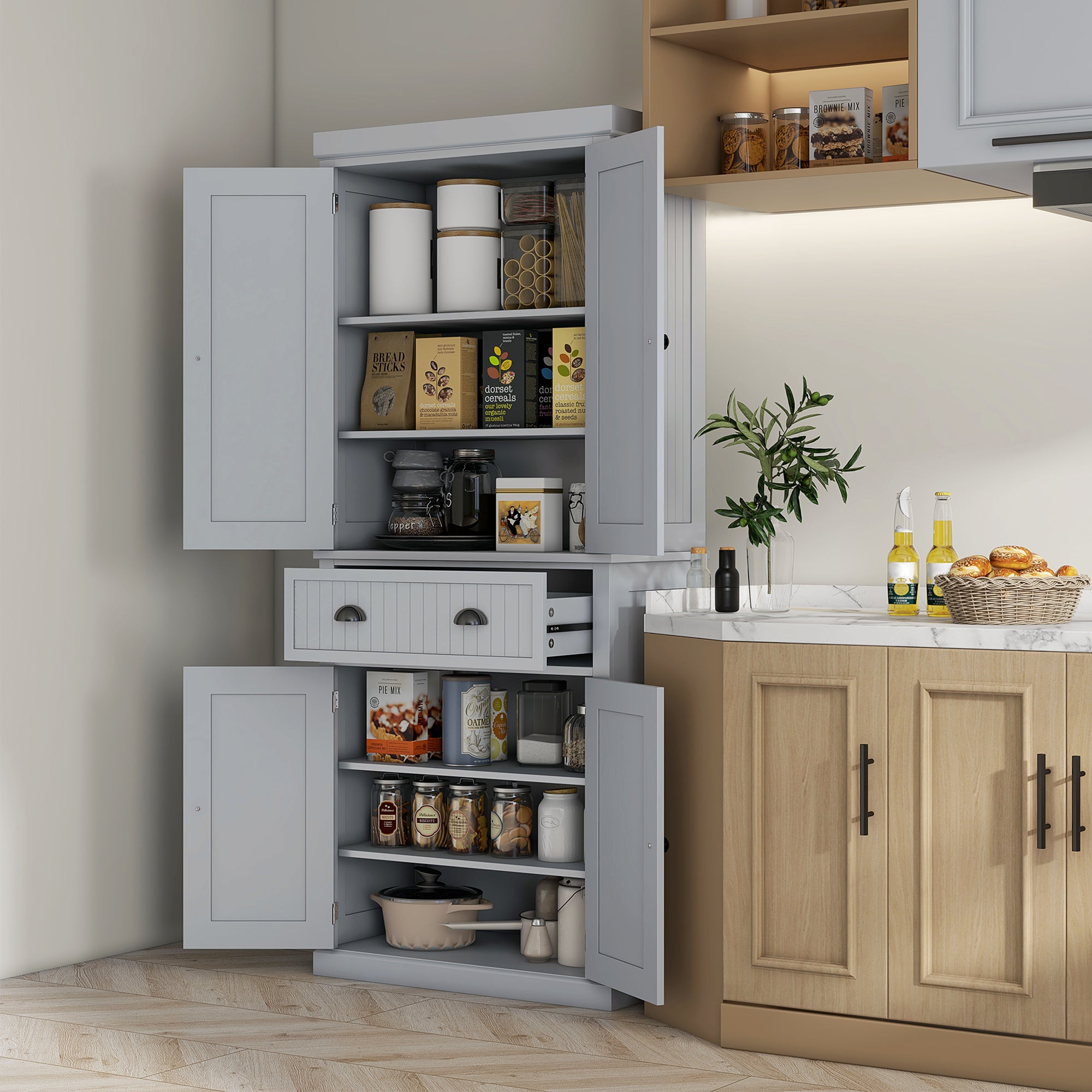 HOMCOM Freestanding Multi-Storage Kitchen Cabinet - Grey - North Peak Garden Furniture