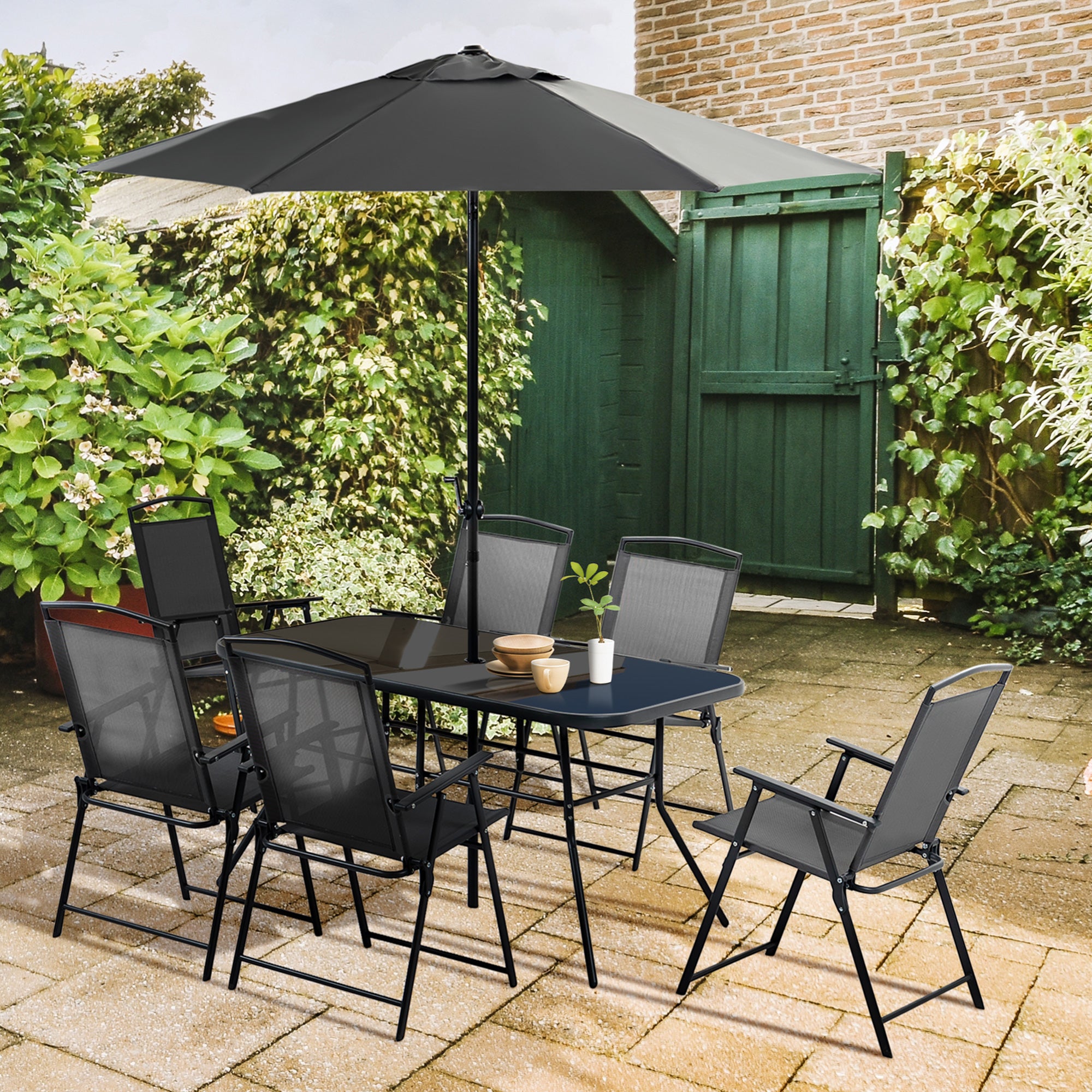 Outsunny Eight-Piece Garden Dining Set, with Chairs, Table and Parasol - Black