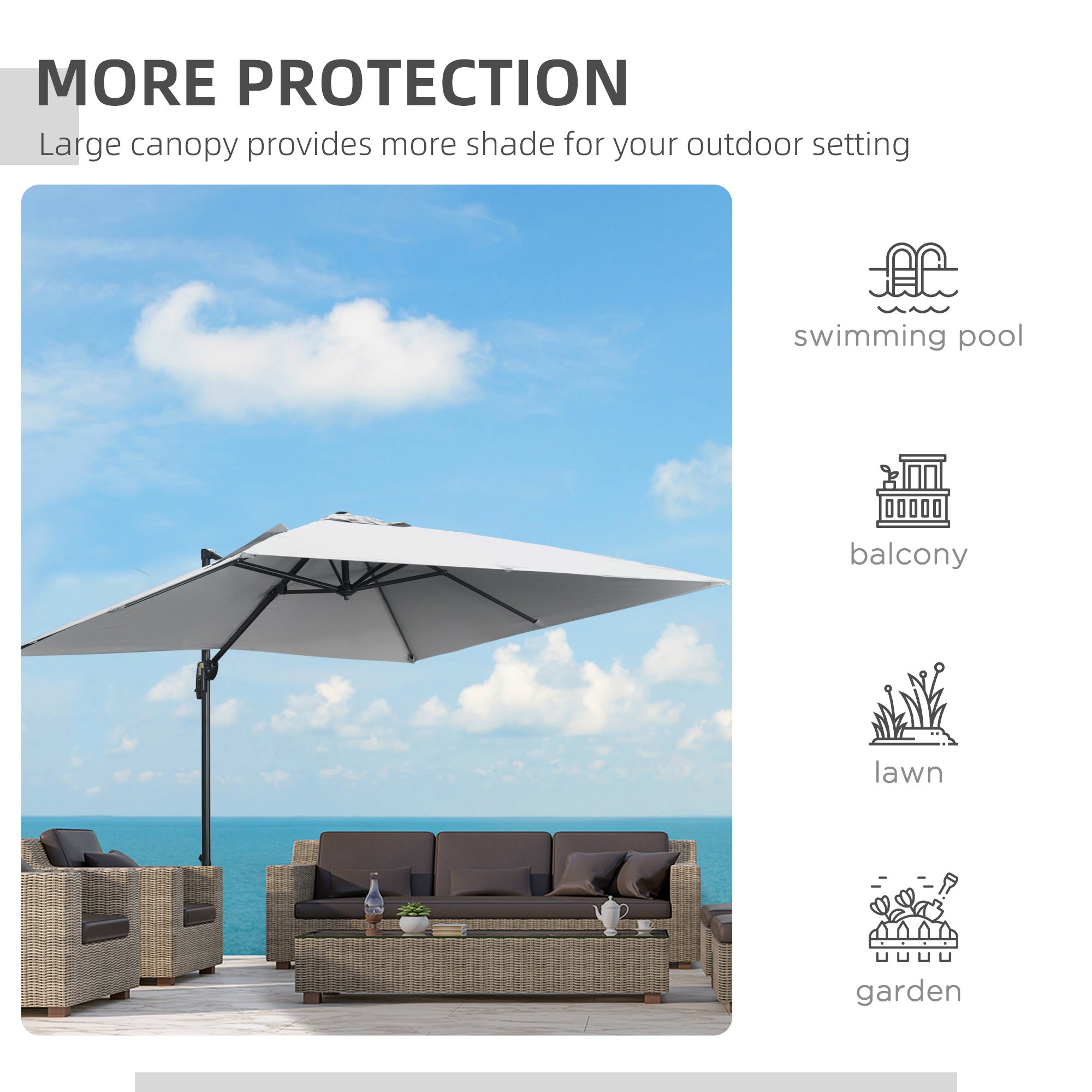 Outsunny 2.7 x 2.7 m Cantilever Parasol, Square Overhanging Umbrella with Cross Base, Crank Handle, Tilt, 360° Rotation and Aluminium Frame, Grey - North Peak Garden Furniture