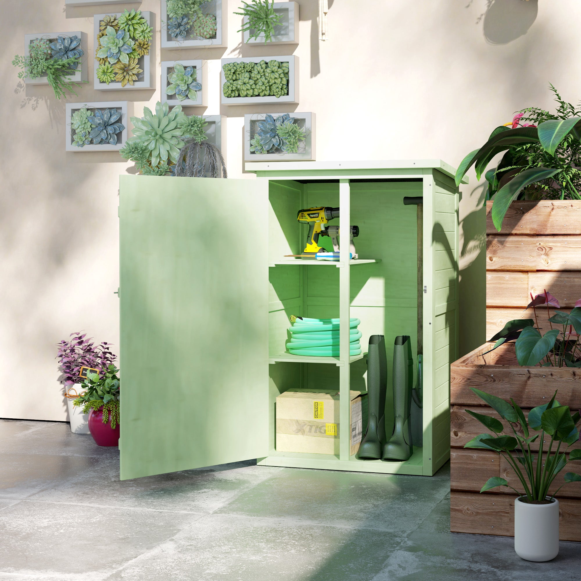 Outsunny Wooden Small Shed, Garden Storage Shed with Shelves and Bolt Latch, 75L x 56W x115H cm, Green - North Peak Garden Furniture