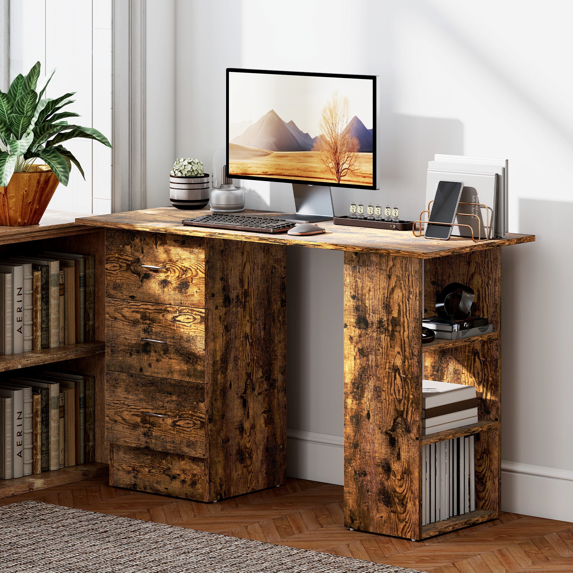 HOMCOM Computer Desk, Writing Table, PC Workstation with 3 Storage Shelves and Drawers, Silver Handle, for Home Office, Rustic Brown