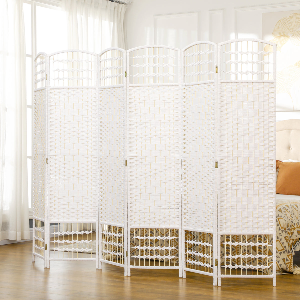HOMCOM 6 Panel Folding Room Divider, Privacy Screen, Paravent Partition Separator for Living Room, Bedroom, White