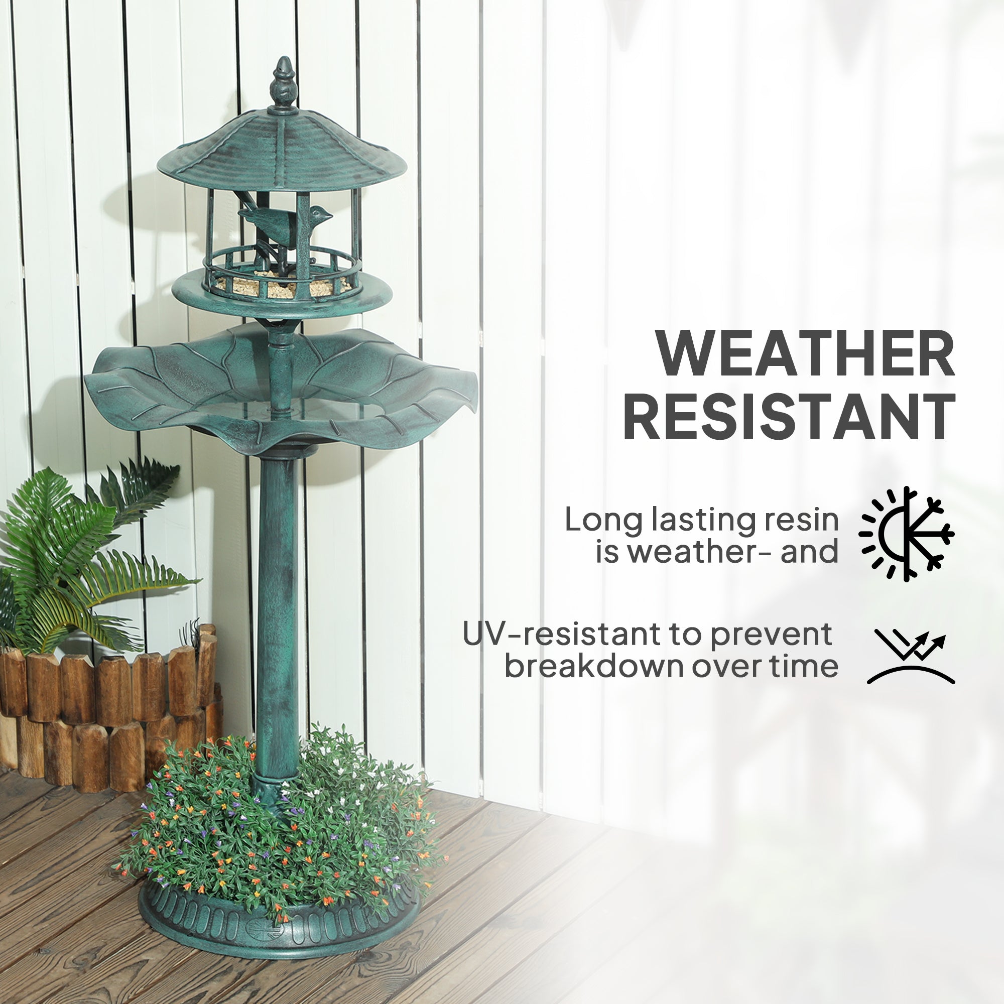 Outsunny 3-in-1 Garden Bird Bath, Freestanding Birdbath with Large Water Basin, Underneath Flower Planter, Φ50 x 113 cm, Green