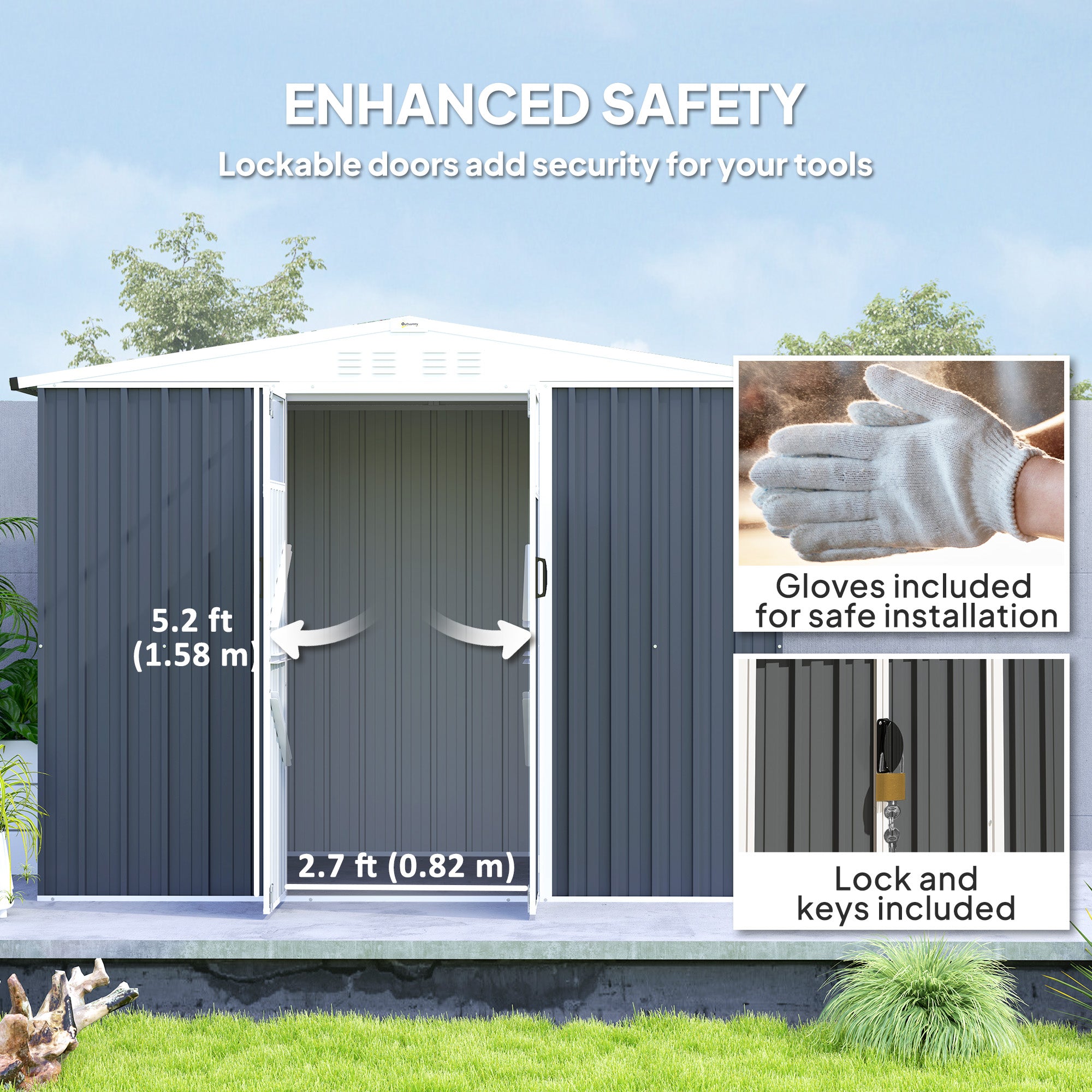 Outsunny 8 x 4 ft Metal Garden Shed, Garden Storage Shed with Window, 4 Vents and Lockable Door, Waterproof Galvanised Steel Tool Storage Shed, Dark Grey - North Peak Garden Furniture