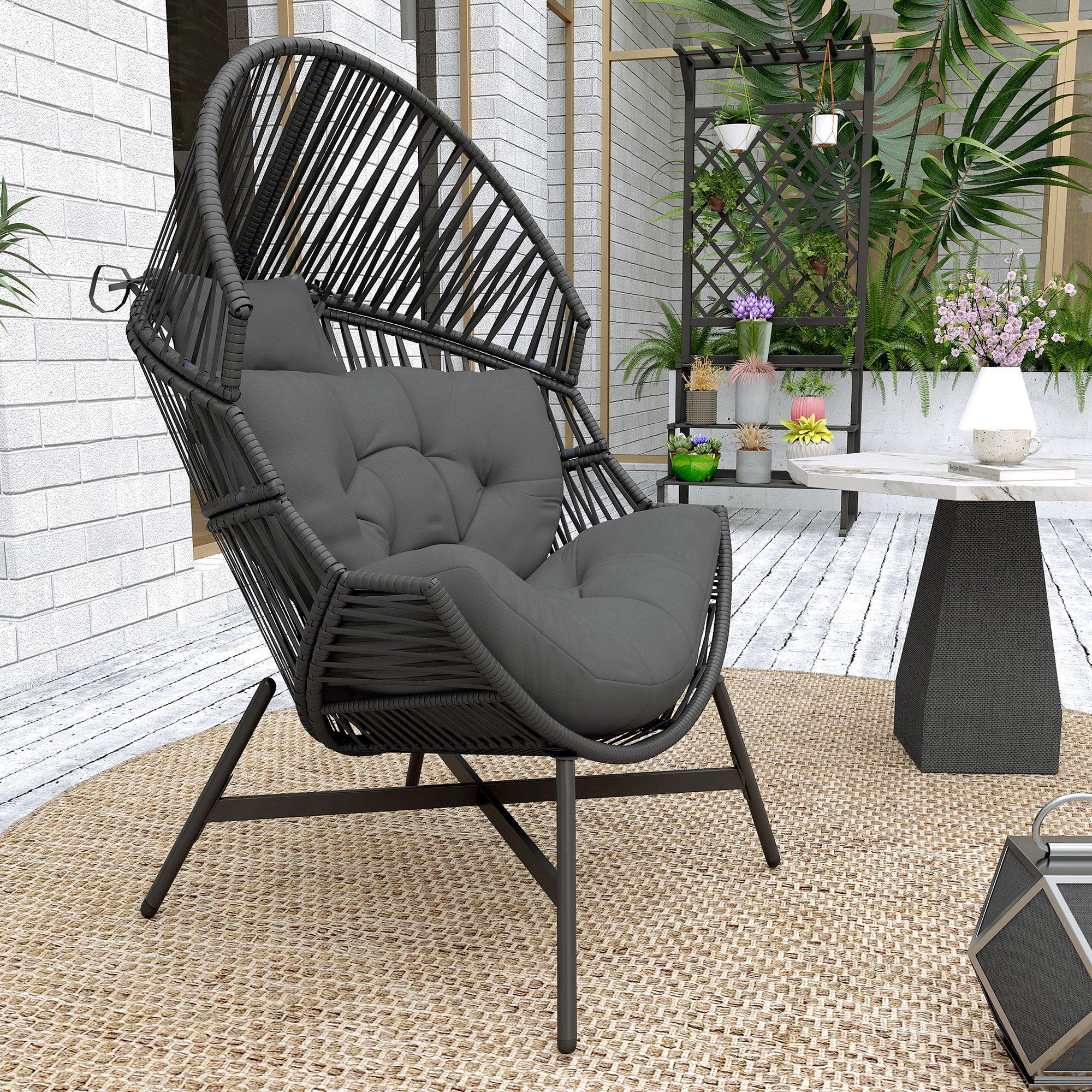 Outsunny Standing Rattan Egg Chair Outdoor, Oversized Wicker Garden Egg Chair with Thick Tufted Cushion, Headrest, Steel Frame, Charcoal Grey