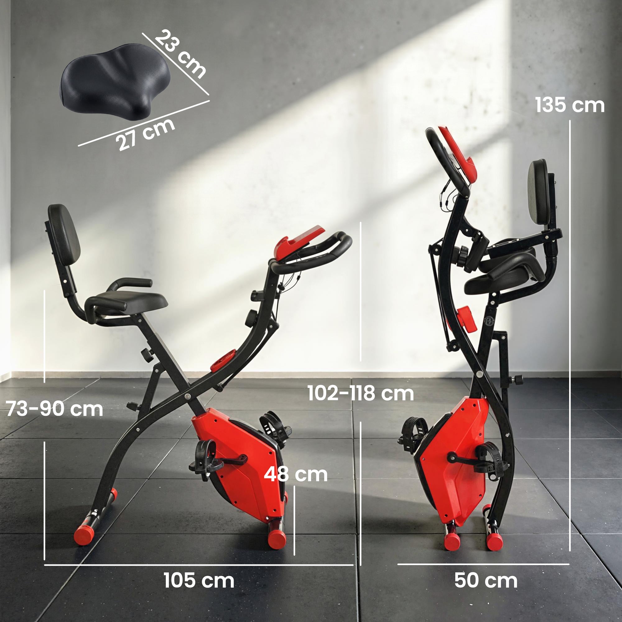 HOMCOM 2-in-1 Folding Exercise Bike with 8-Level Magnetic Resistance, Arm Resistance Band, Pulse Sensor, Red