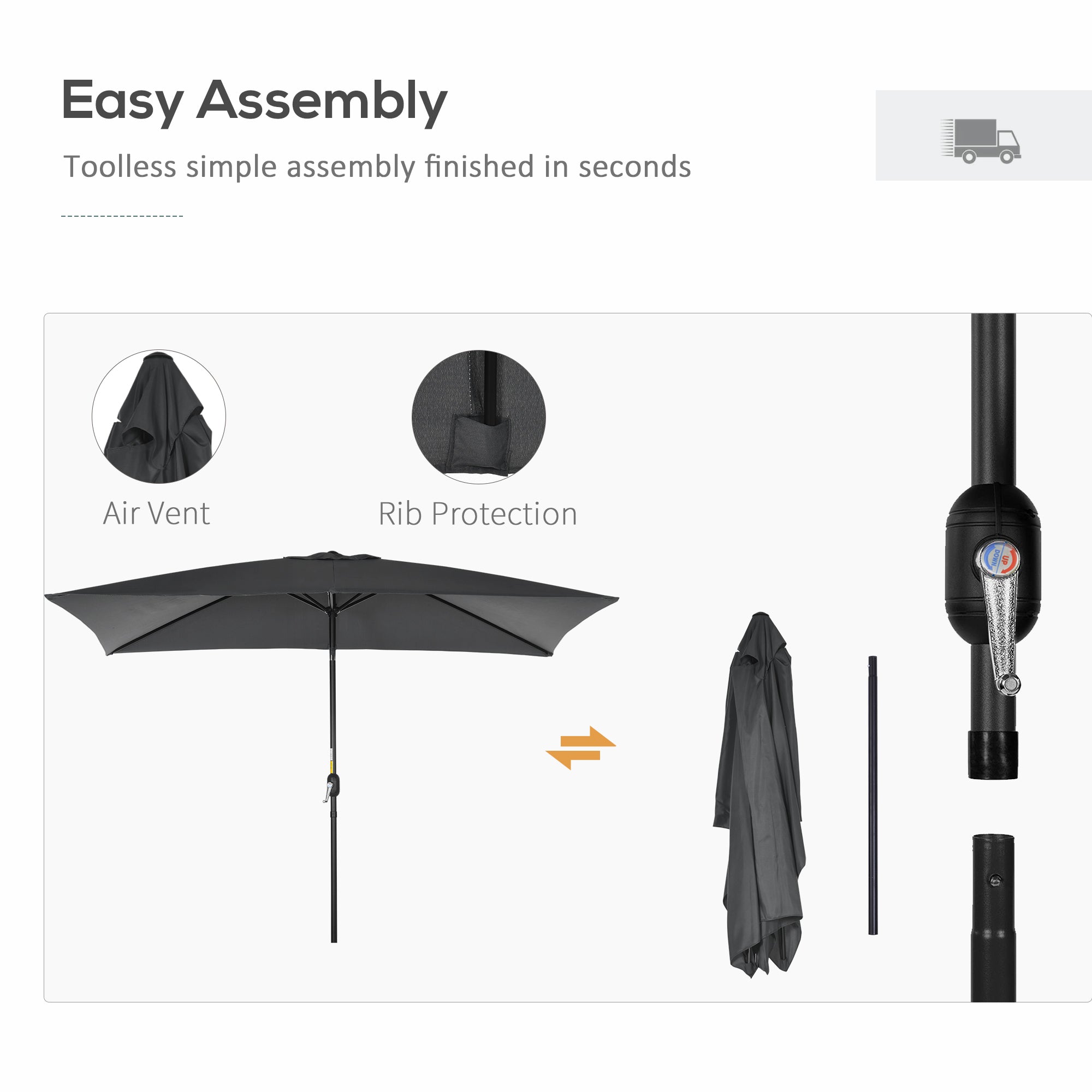 Outsunny 3x2m Patio Parasol Garden Umbrellas Canopy with Aluminium Tilt Crank Rectangular Sun Shade Steel, Black