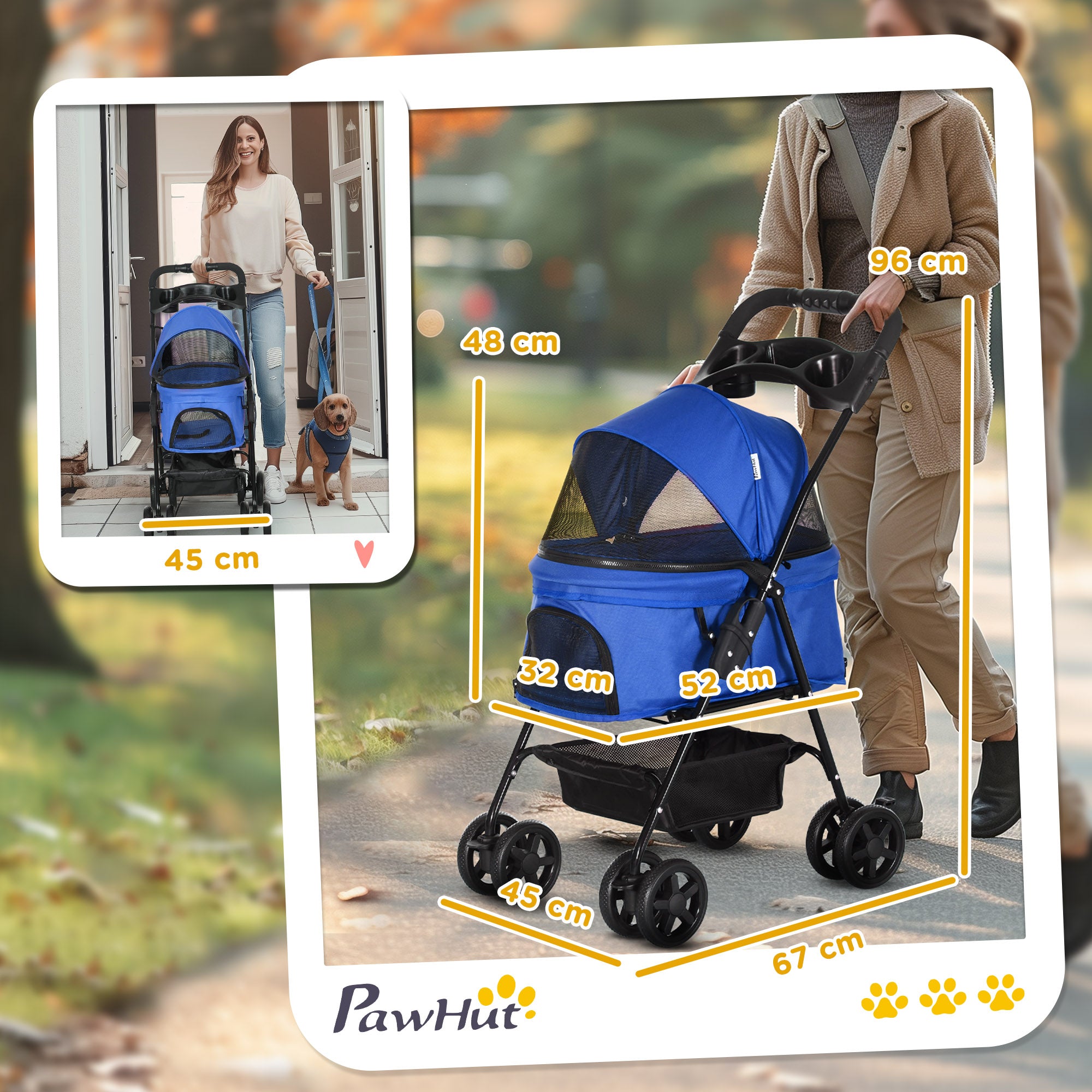 PawHut Dog Pram Dog Stroller Foldable Pet Pushchair with 4 Wheels, Safety Leashes, Cup Holder for Small Dogs, Blue - North Peak Garden Furniture