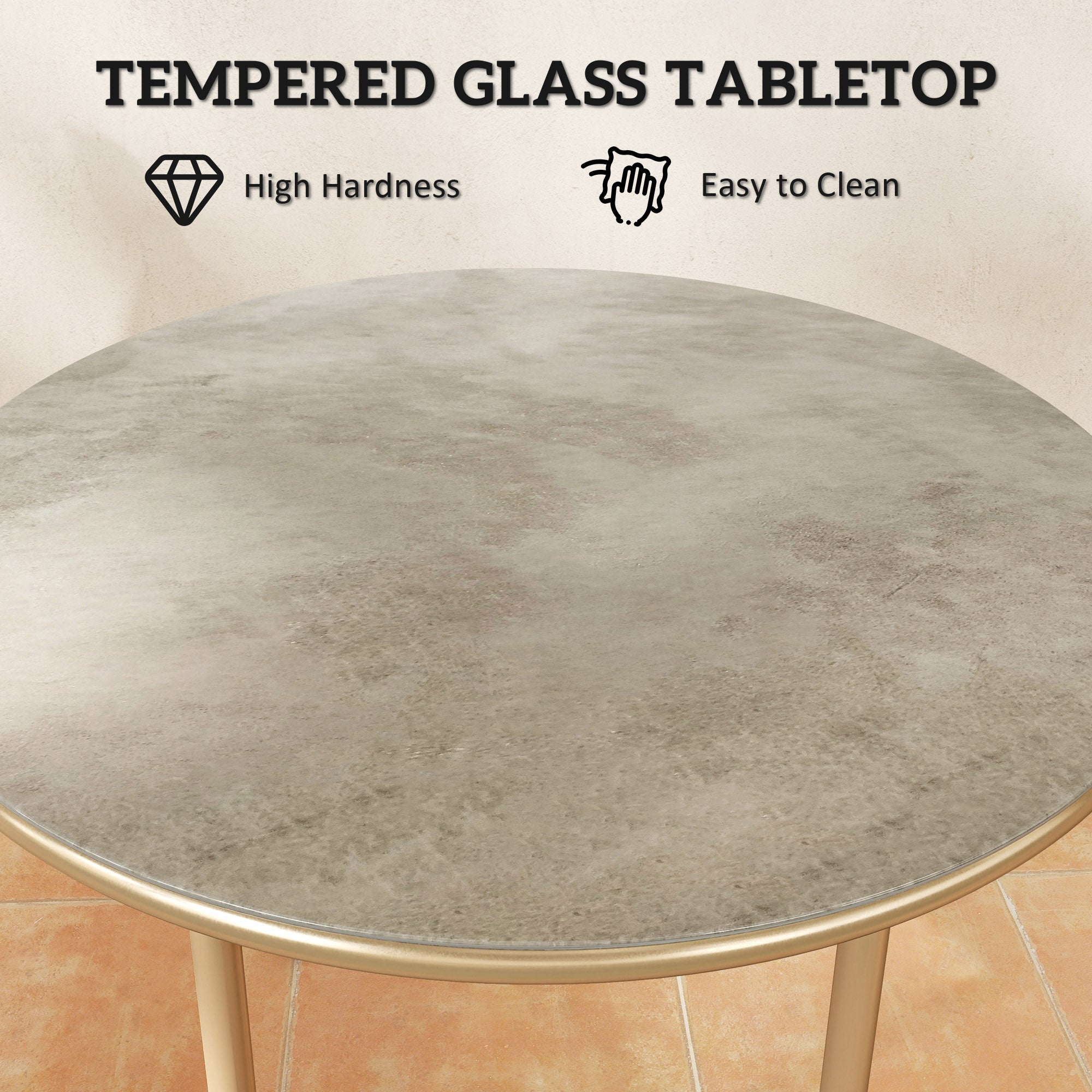 Outsunny Round Small Garden Table, 60cm Outdoor Side Table with Faux Marble Tempered Glass Top, Steel Frame for Garden Patio Balcony, Beige - North Peak Garden Furniture