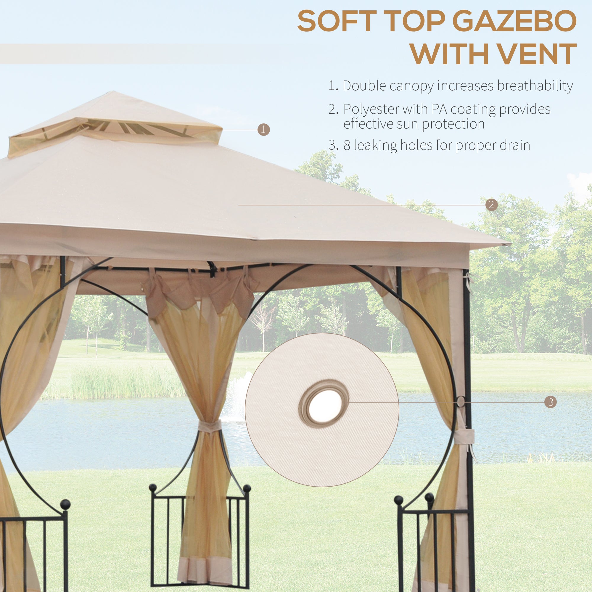 Outsunny 3 x 3(m) Garden Gazebo Patio Party Tent Shelter Outdoor Canopy Double Tier Sun Shade Metal Frame Netting Beige