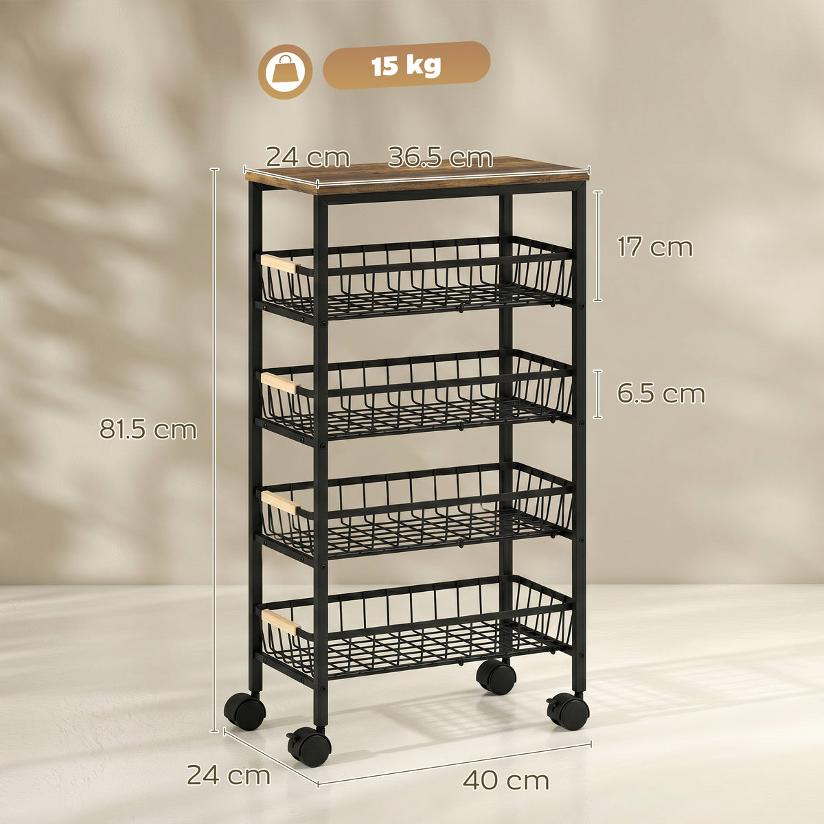 HOMCOM Metal Kitchen Trolley, 4-Tier Storage Trolley with Pull-Out Baskets and 4 Swivel Casters for Kitchen, Rustic Brown