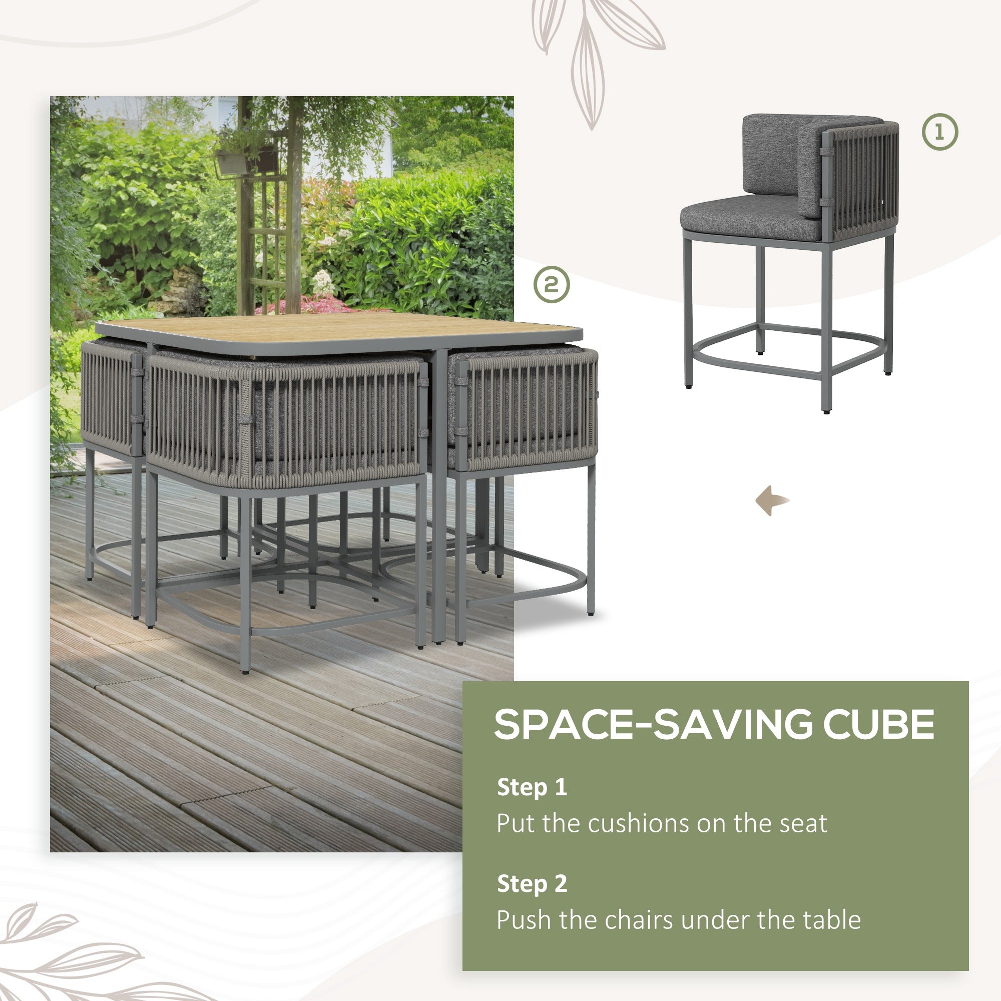 Outsunny 4 Seater Rattan Cube Garden Furniture Set with Cushions, Square Garden Dining Set with Stone Composite Board Top Table, Outdoor Dining Table and Chairs, Grey - North Peak Garden Furniture