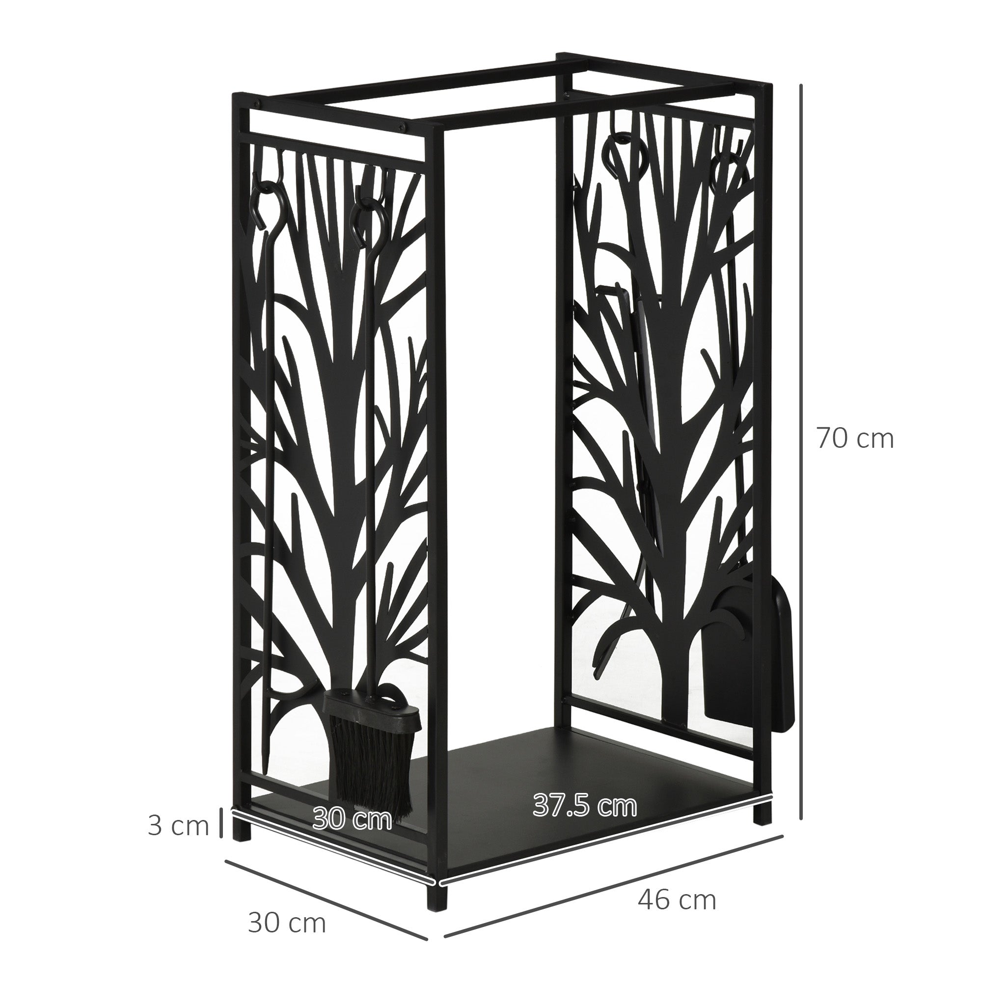 HOMCOM Steel Firewood Log Holder Indoor Outdoor Firewood Rack Fireplace Wood Storage Shelf with 4 Tools, Hooks, Tree Pattern Design, Rust-Resistant, Black, 46W x 30D x 70H cm - North Peak Garden Furniture