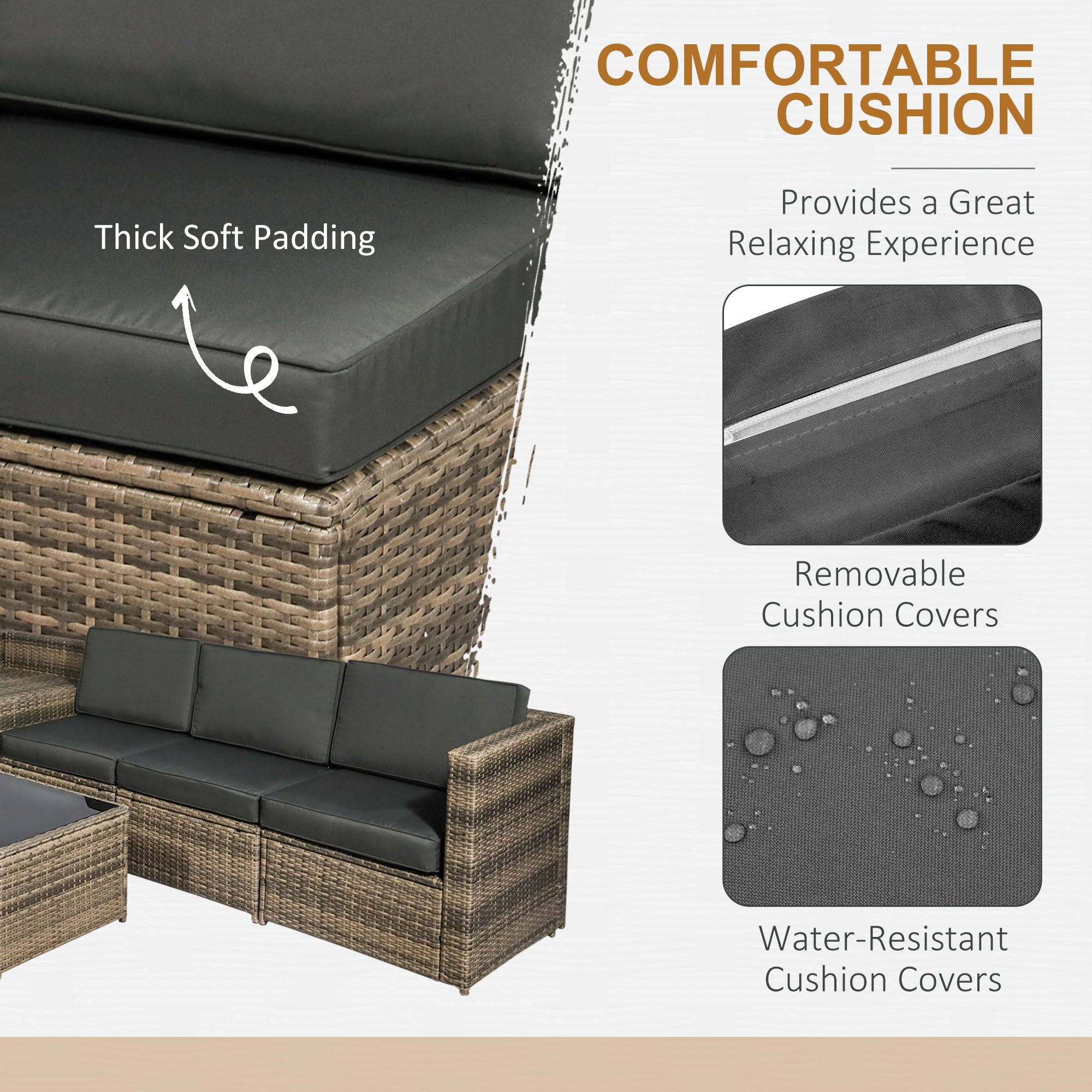Outsunny 8 Pieces Outdoor PE Rattan Sofa Set with Cushions, Patio Garden Furniture Sets with Glass Top Coffee Table, Storage Corner Table, Mixed Brown - North Peak Garden Furniture