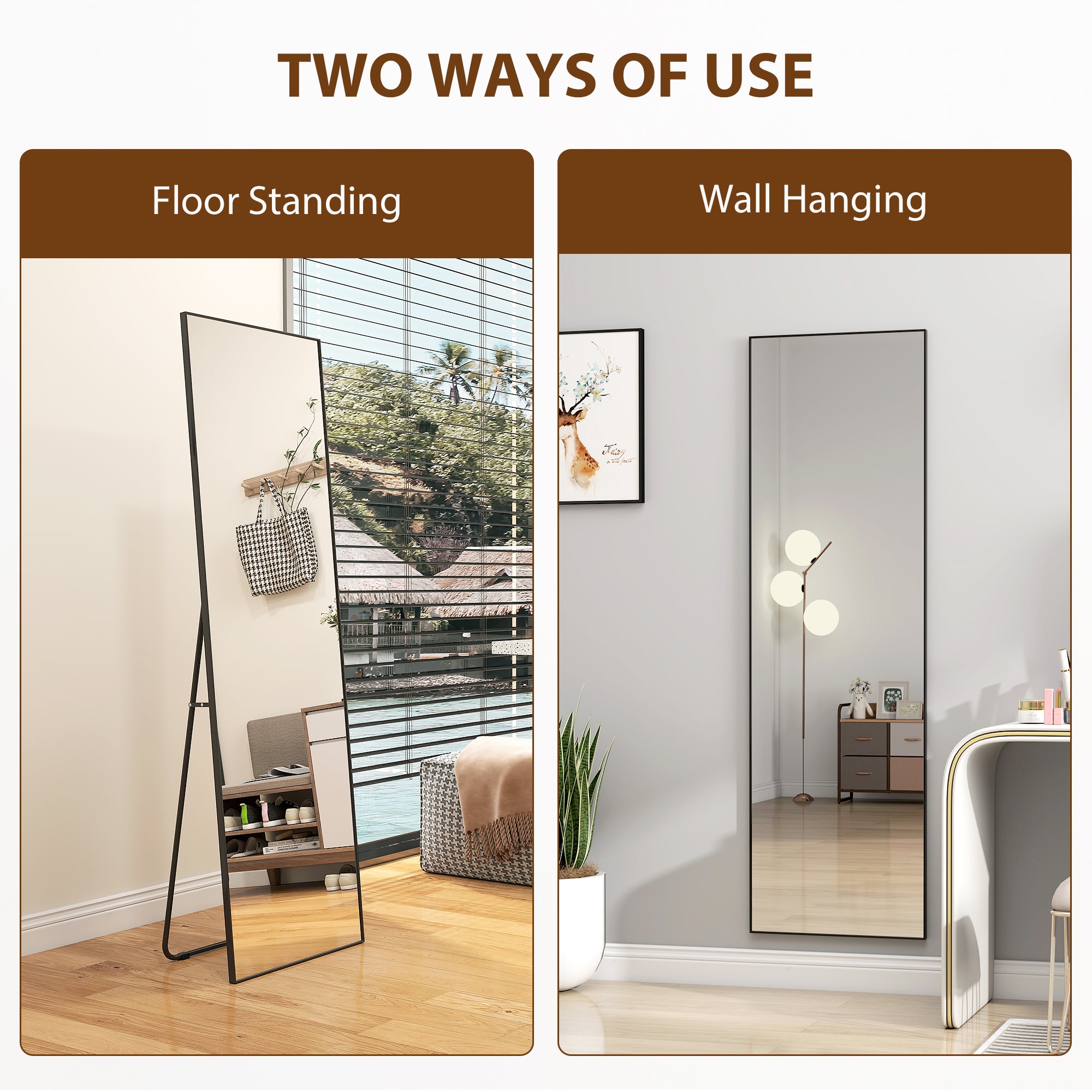 HOMCOM Full Length Mirror, Aluminium Alloy Framed Full Body Mirror with Tempered Glass, Standing or Wall Hanging, Black