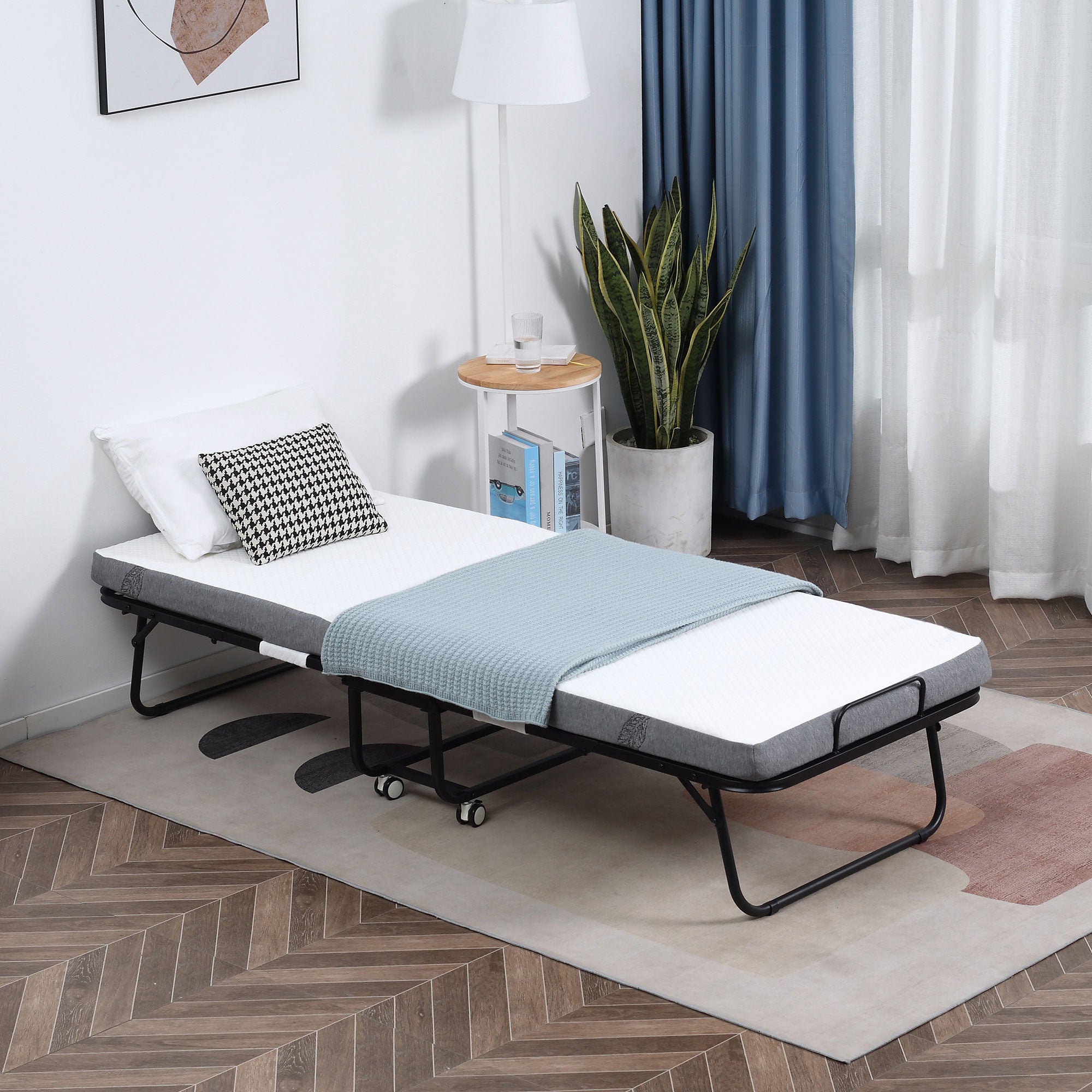 HOMCOM Folding Bed with 10cm Mattress, Portable Foldable Guest Bed with Sturdy Metal Frame on Wheels - North Peak Garden Furniture