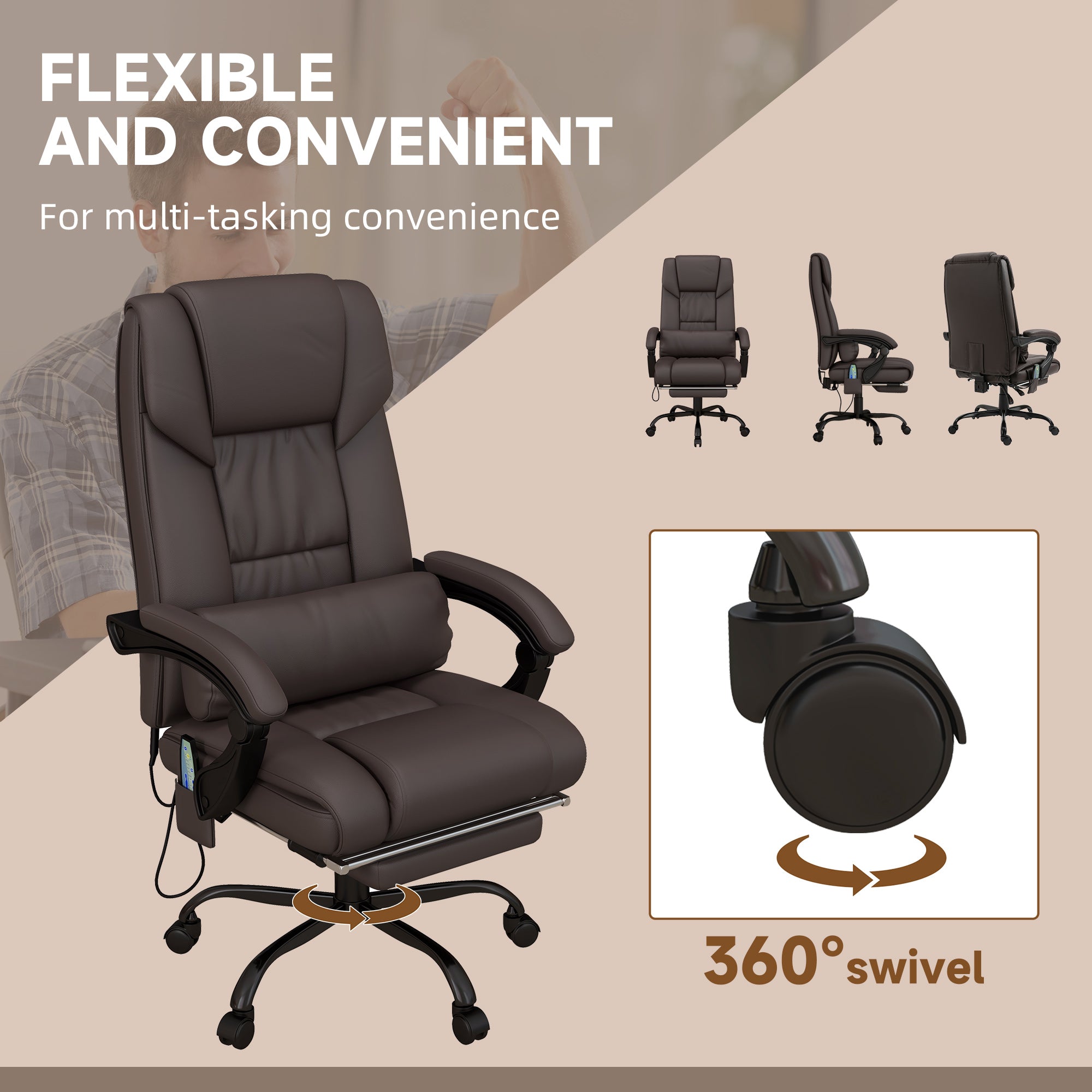 Vinsetto 6-Point Massage Office Chair, PU Leather Desk Chair with Adjustable Height and Footrest for Home Office, Brown - North Peak Garden Furniture