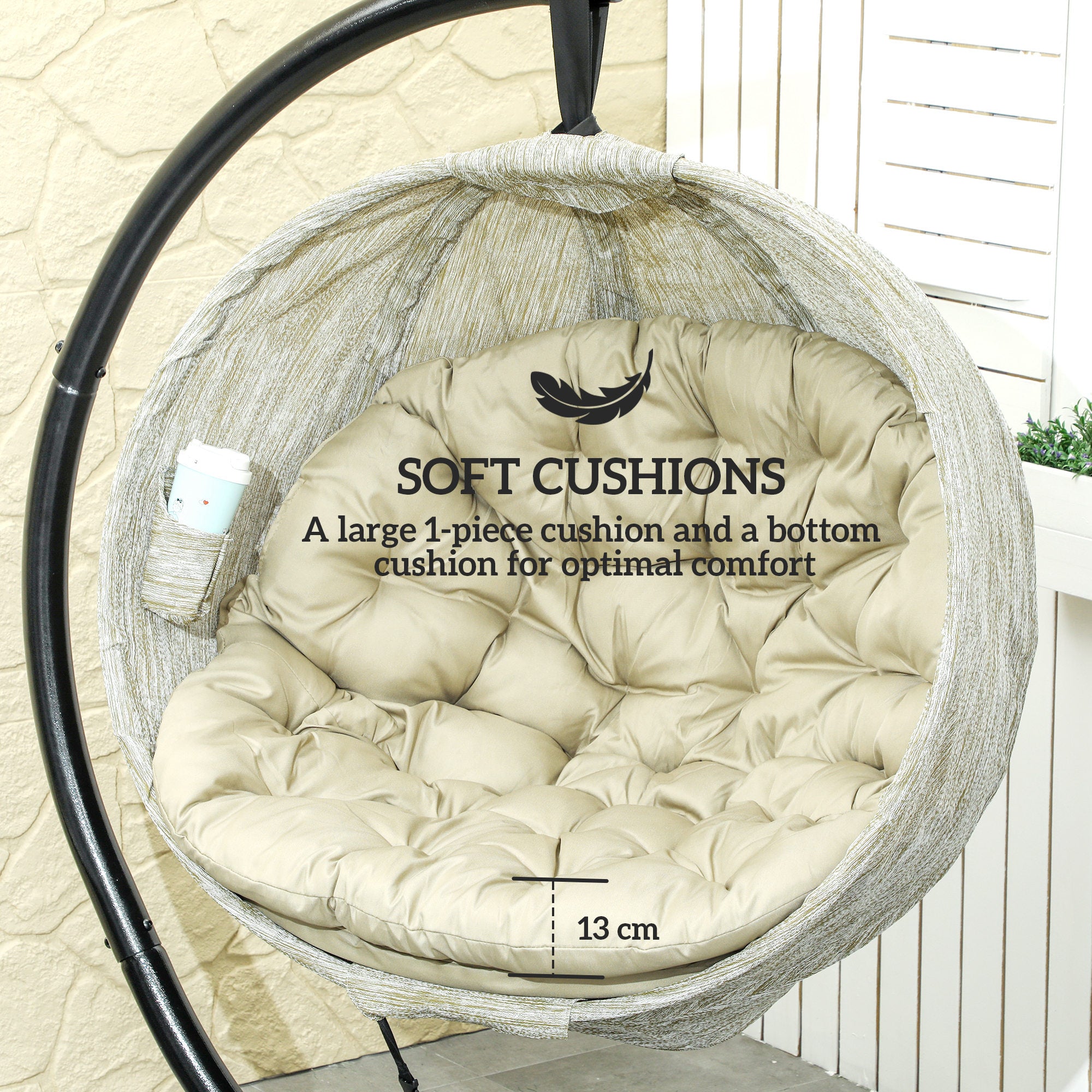 Outsunny Hanging Egg Chair Outdoor Indoor Garden Swing Chair with Folding Basket, Garden Hanging Chair with Stand, Thickened Cushion, Cup Holder for Patio, Balcony, Khaki - North Peak Garden Furniture