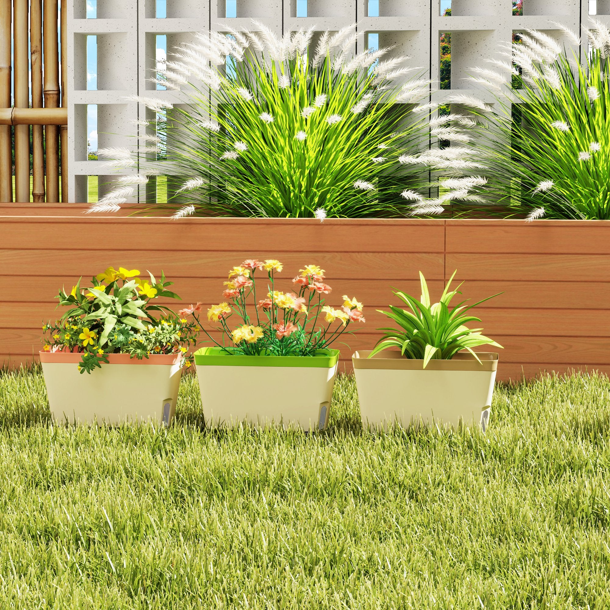 Outsunny Set of 3 Self Watering Plant Pots Outdoor, 27cm Rectangular Garden Planters with Visual Water Level Window, Plastic Flower Pots for Indoor Outdoor Garden Balcony Windowsil - North Peak Garden Furniture