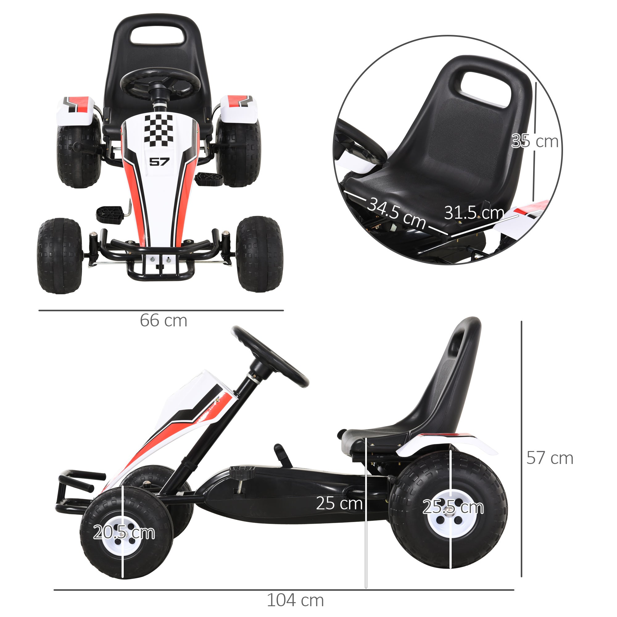 HOMCOM Kids Children Pedal Go Kart Manual Ride On Car w/ Brake Gears Steering Wheel Adjustable Seat 4 Smooth Wheels Racing-Style White 104 x 66 x 57 cm - North Peak Garden Furniture