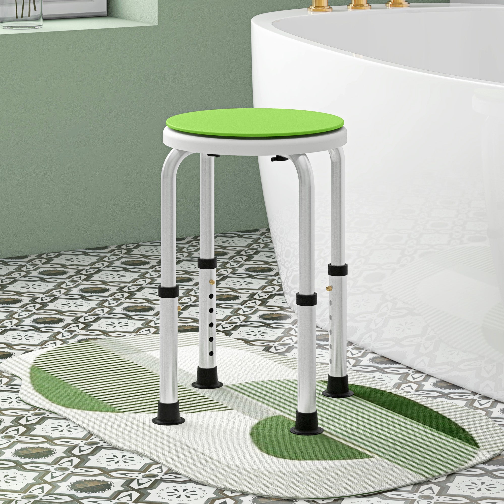 HOMCOM 360° Swivel Shower Chair, Height Adjustable Aluminium Shower Stool with Non-Slip Feet for Disabled, Elderly, Green - North Peak Garden Furniture