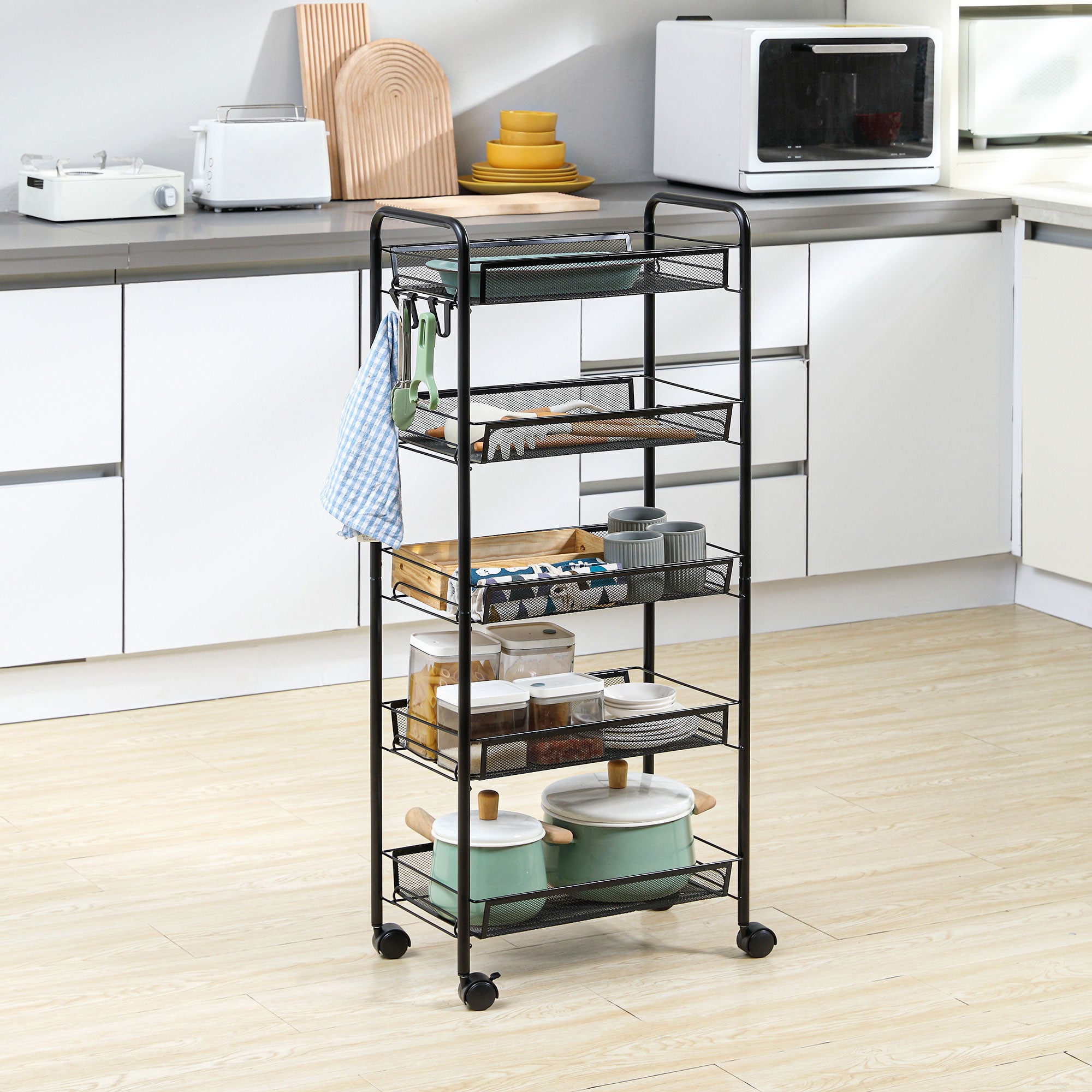 HOMCOM Five-Steel Mesh Basket Storage Trolley, with Wheels - Black - North Peak Garden Furniture