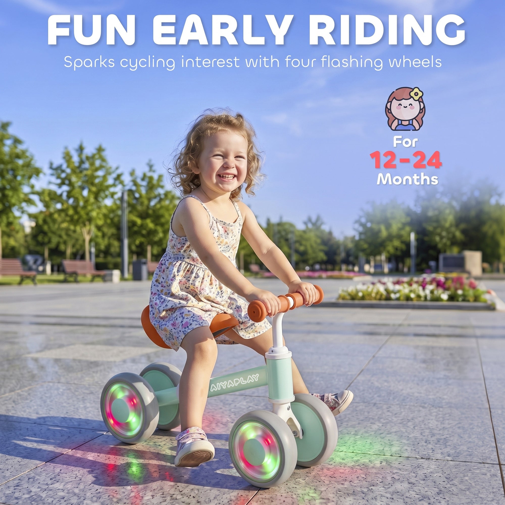 AIYAPLAY Baby Balance Bike for 1-2 Years Old, Light-up Toddler Balance Bike with Adjustable Seat, 4 Silent EVA Wheels, Green