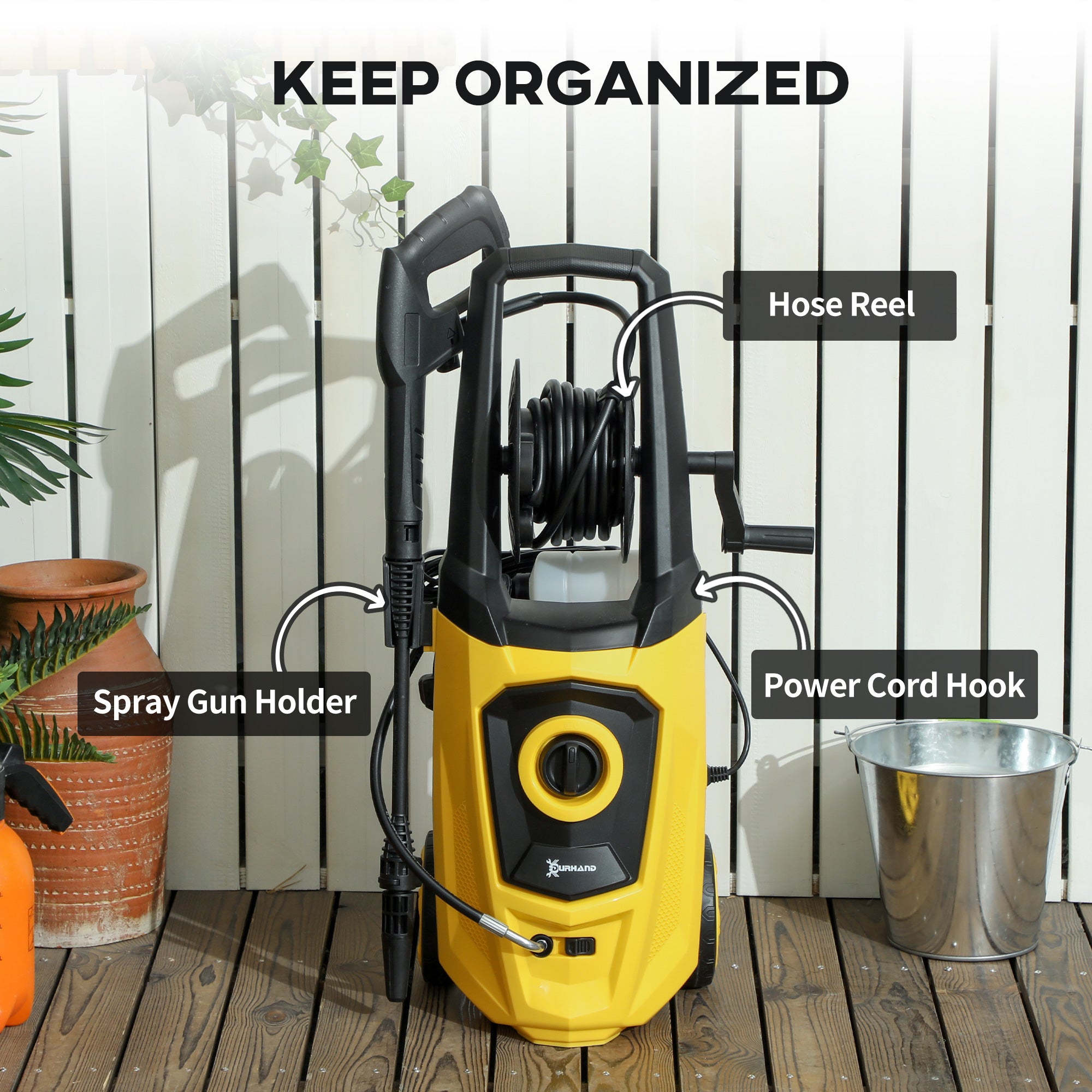 DURHAND 1800W High Pressure Washer, 150 Bar Pressure, 510 L/h Flow, High-Performance Portable Power Washer Jet Wash Cleaner with 6M Hose and Hose Reel for Garden, Car, Furniture, Yellow - North Peak Garden Furniture