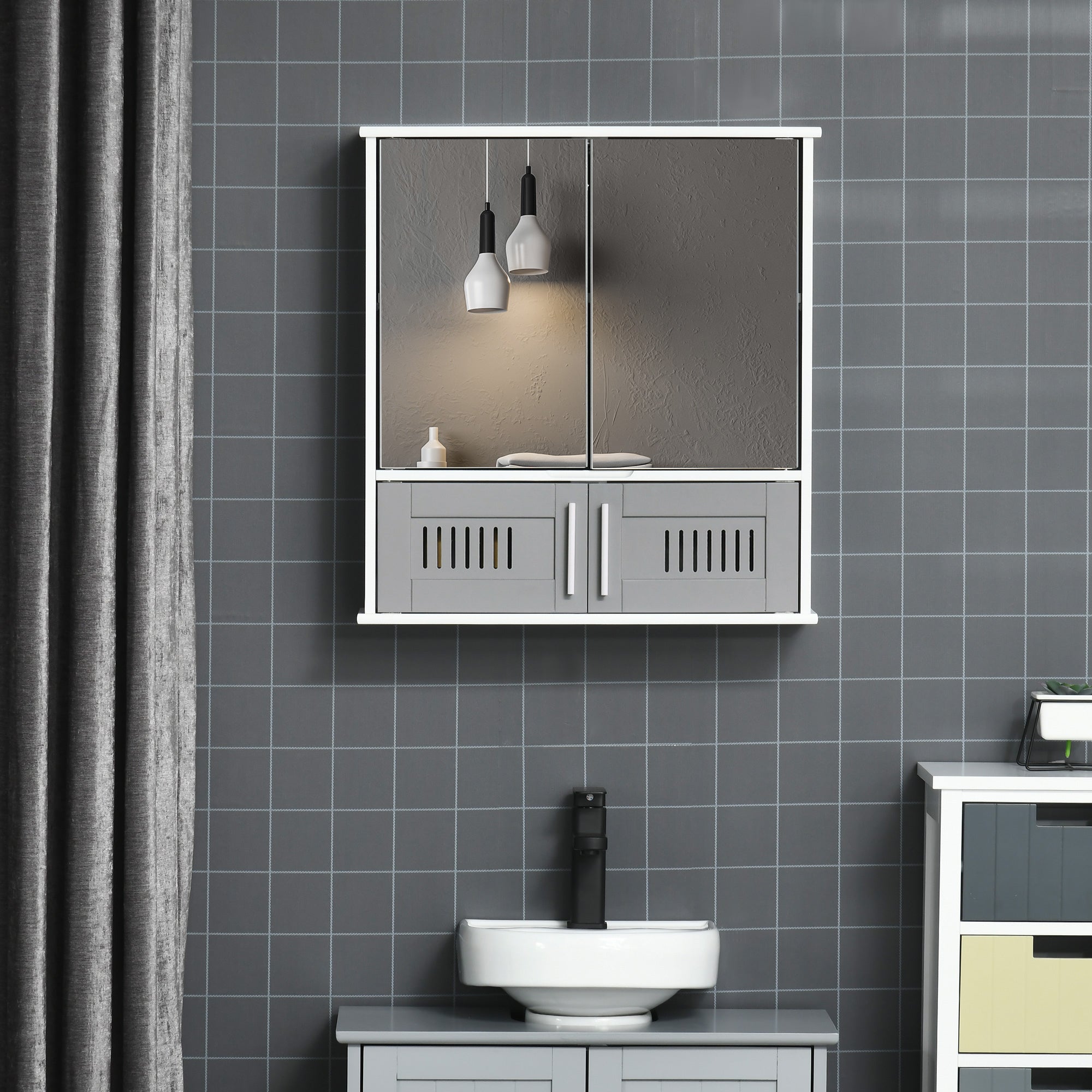 kleankin Bathroom Mirror Cabinet, Wall Mounted Storage Cupboard with Double Doors and Adjustable Shelf, Bathroom Organizer, Grey - North Peak Garden Furniture