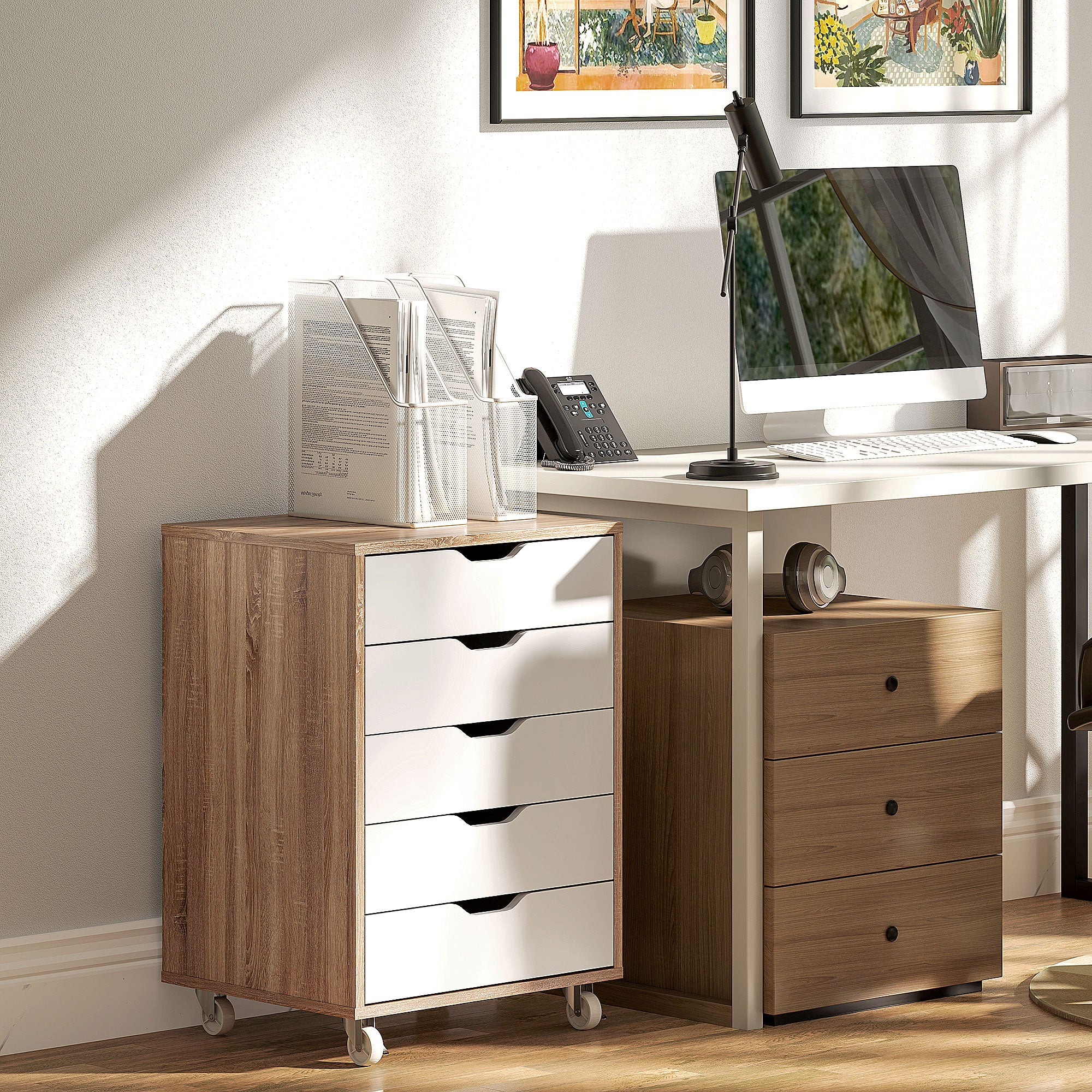 Vinsetto Five-Drawer Filing Cabinet, with Wheels - Oak Brown - North Peak Garden Furniture