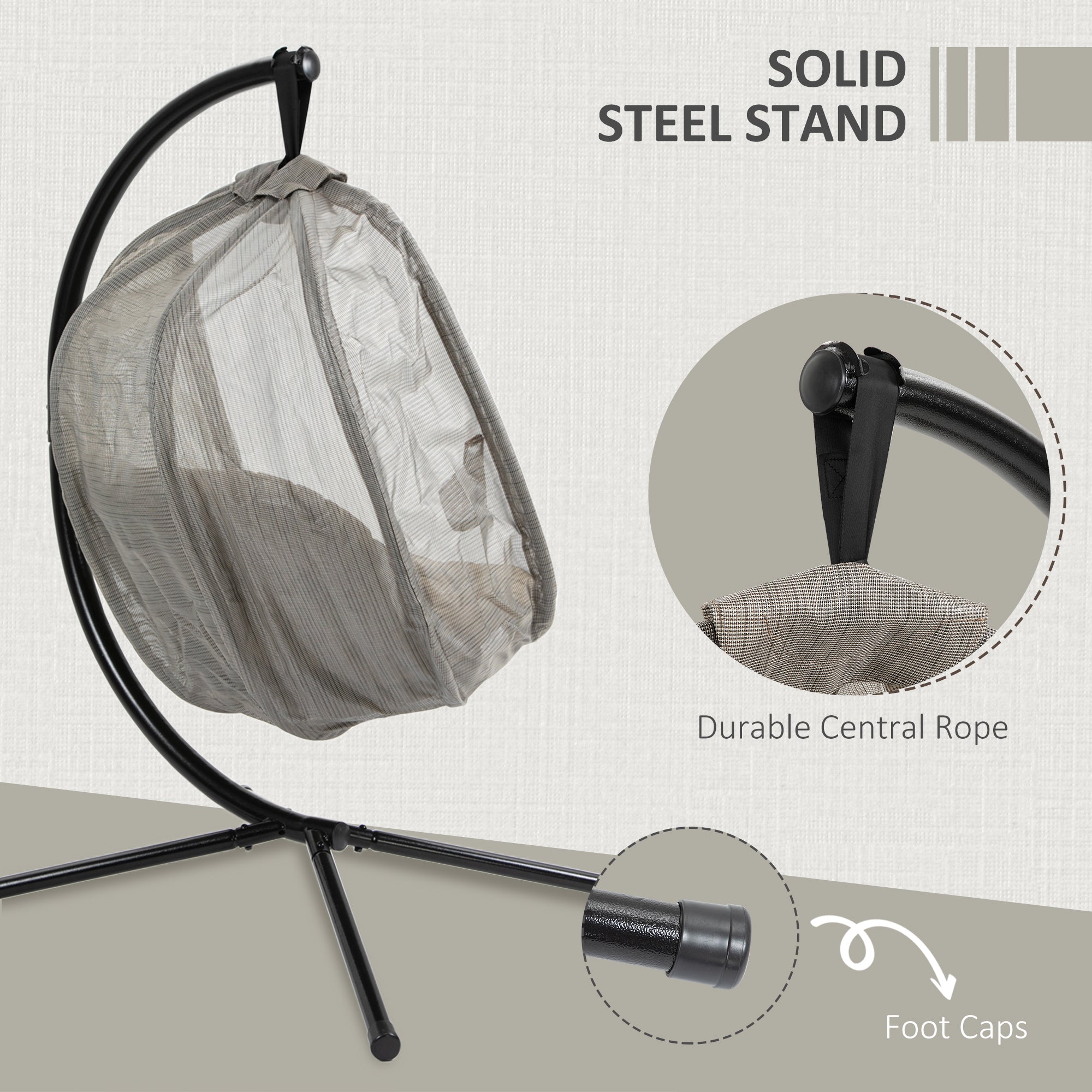 Outsunny Hanging Egg Chair, Folding Texteline Swing Hammock with Side Pocket, Cushion and Stand for Indoor Outdoor, Patio Garden Furniture, Khaki - North Peak Garden Furniture