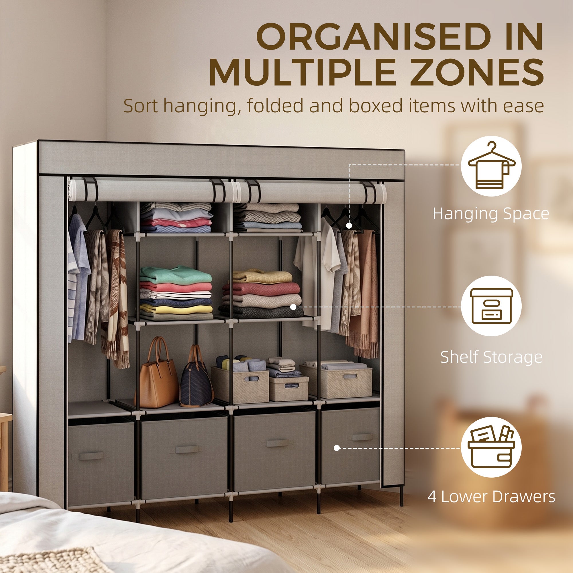 HOMCOM Fabric Wardrobe for Bedroom, Portable Cloth Wardrobe with 10 Compartments, 2 Hanging Rails and 4 Fabric Drawers, 166 x 42.5 x 169.5cm, Dark Grey