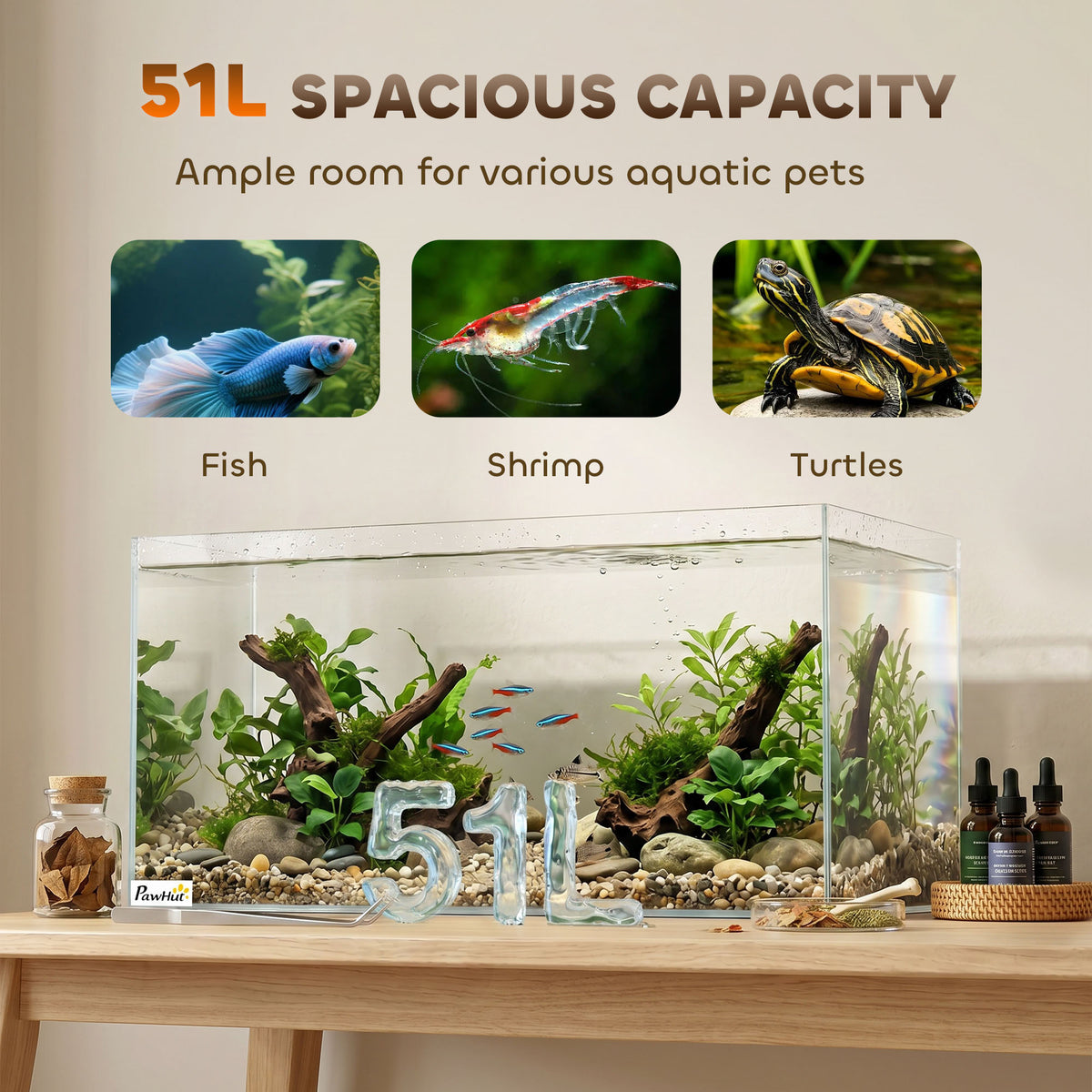 PawHut Fish Tank Bare Glass for DIY Glass Aquarium with Protective Base Mat 51L Transparent for Fish Shrimps