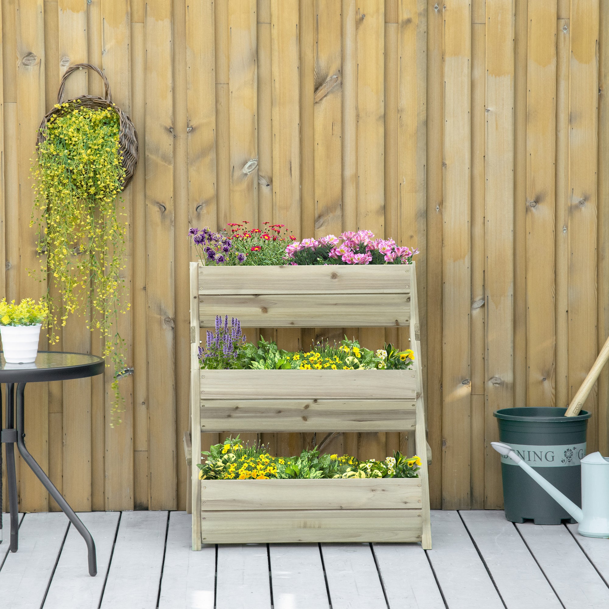 Outsunny 3 Tier Raised Garden Bed Wooden Elevated Planter Box Kit, 66L for Flower, Vegetable, Herb, 65x75x78cm, Green - North Peak Garden Furniture