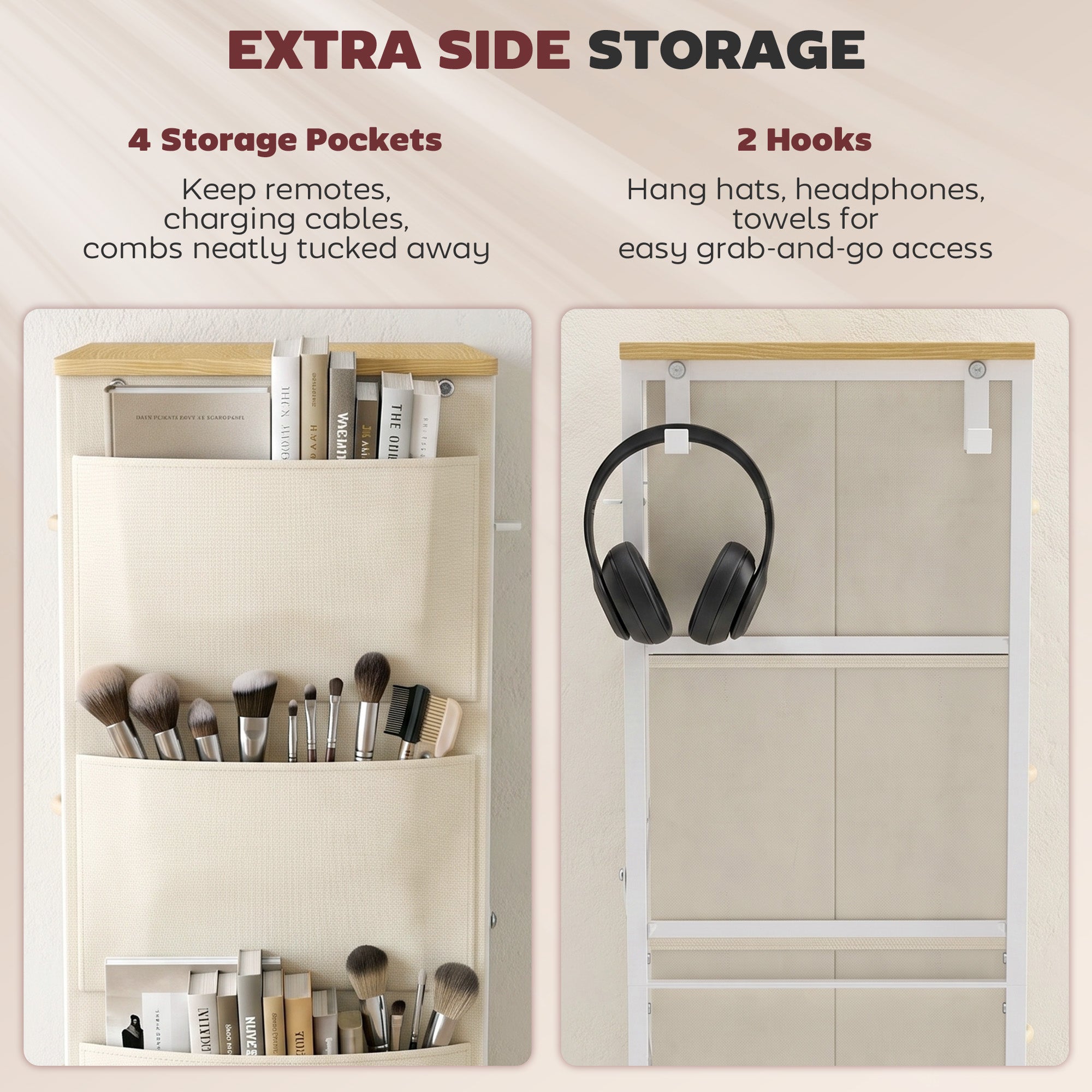 HOMCOM Chest of Drawers, Dresser with 10 Fabric Drawers, Tall Storage Unit with 4 Pockets and 2 Hooks Steel Frame, Beige