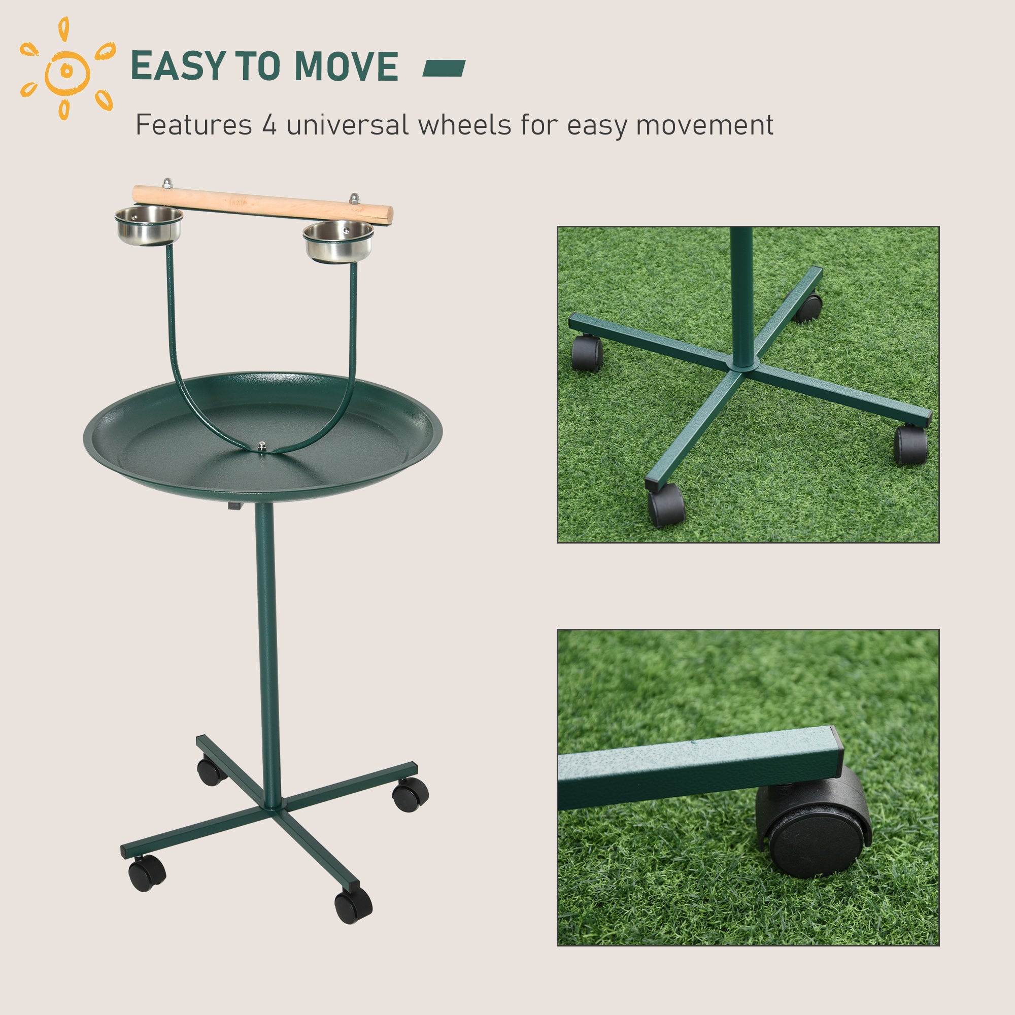 PawHut Bird Perch Stand with Perch, Four Wheels, Feeding Bowls for Small & Medium Birds, Green - North Peak Garden Furniture