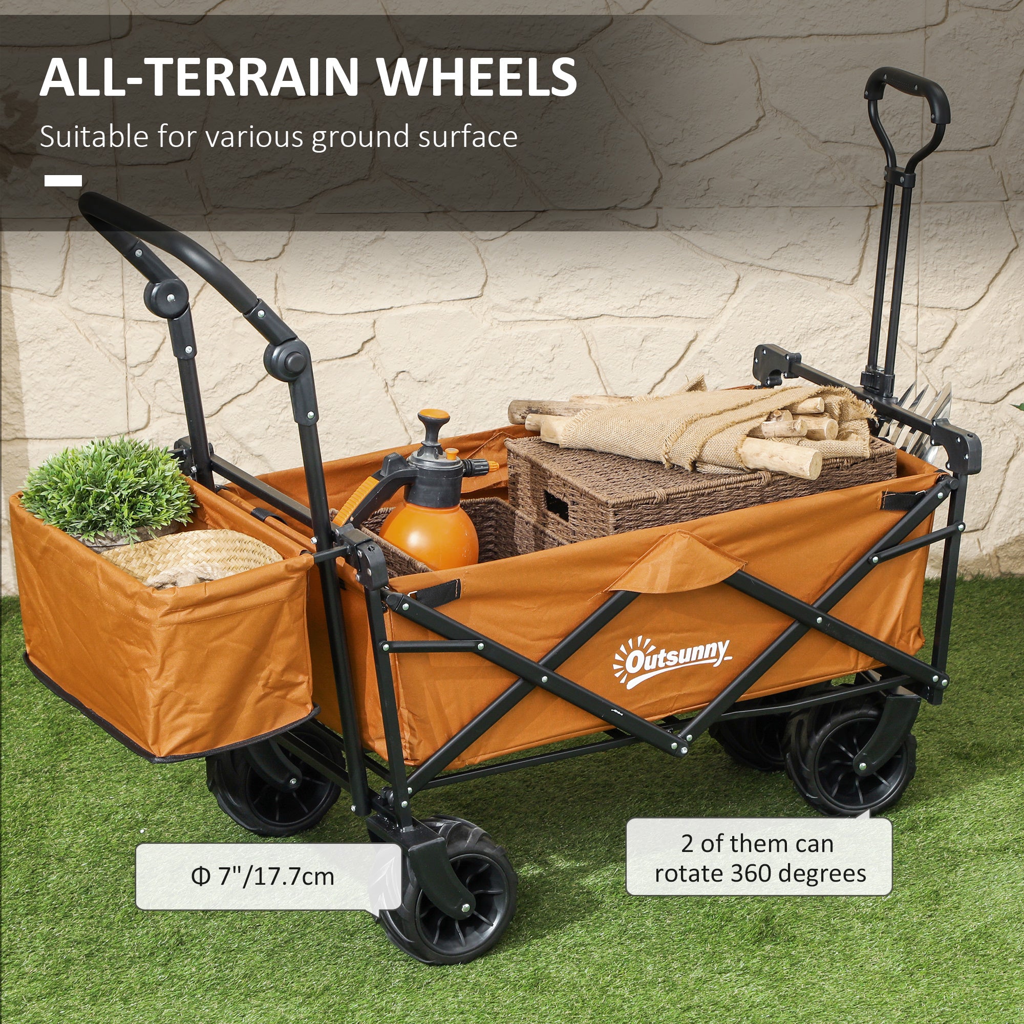 Outsunny Folding Trolley Cart Storage Wagon Beach Trailer 4 Wheels with Handle Overhead Canopy Cart Push Pull For Shopping Camping, Orange - North Peak Garden Furniture