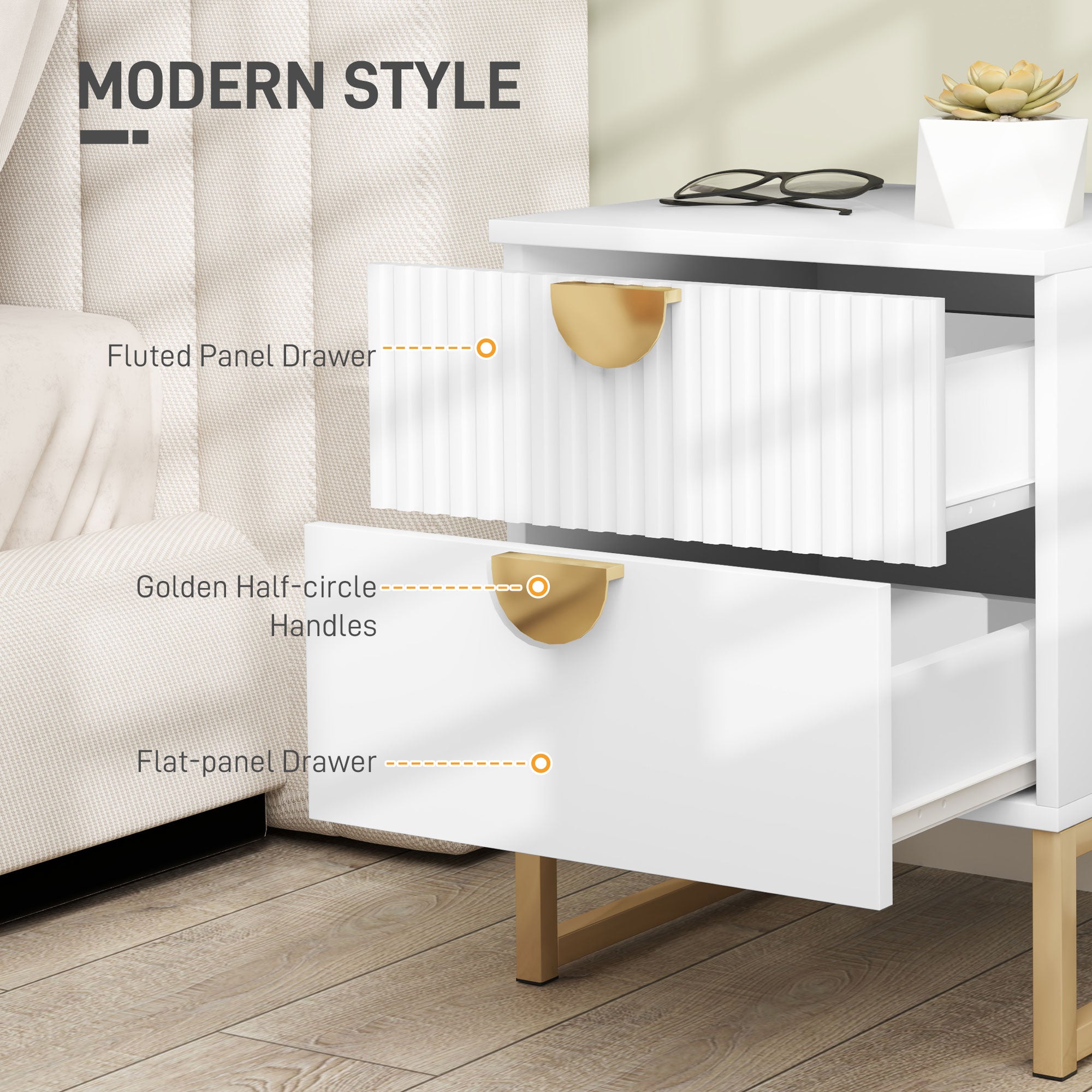 HOMCOM Elegant Two-Drawer Bedside Table - White - North Peak Garden Furniture
