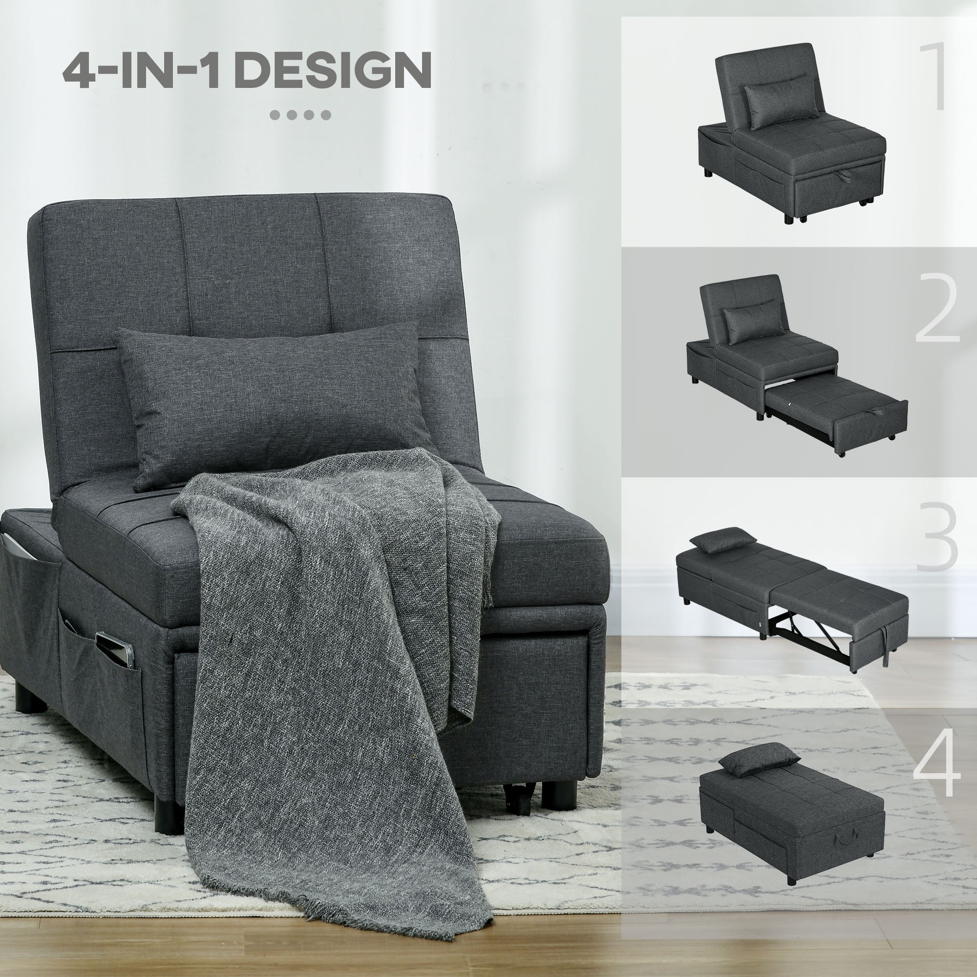 HOMCOM Convertible Chair Bed with Padding Seat, 4-in-1 Multi-Functional Sleeper Sofa Bed, Recliner with Adjustable Backrest, Side Pocket, Wheels and Pillow, for Living Room, Grey - North Peak Garden Furniture