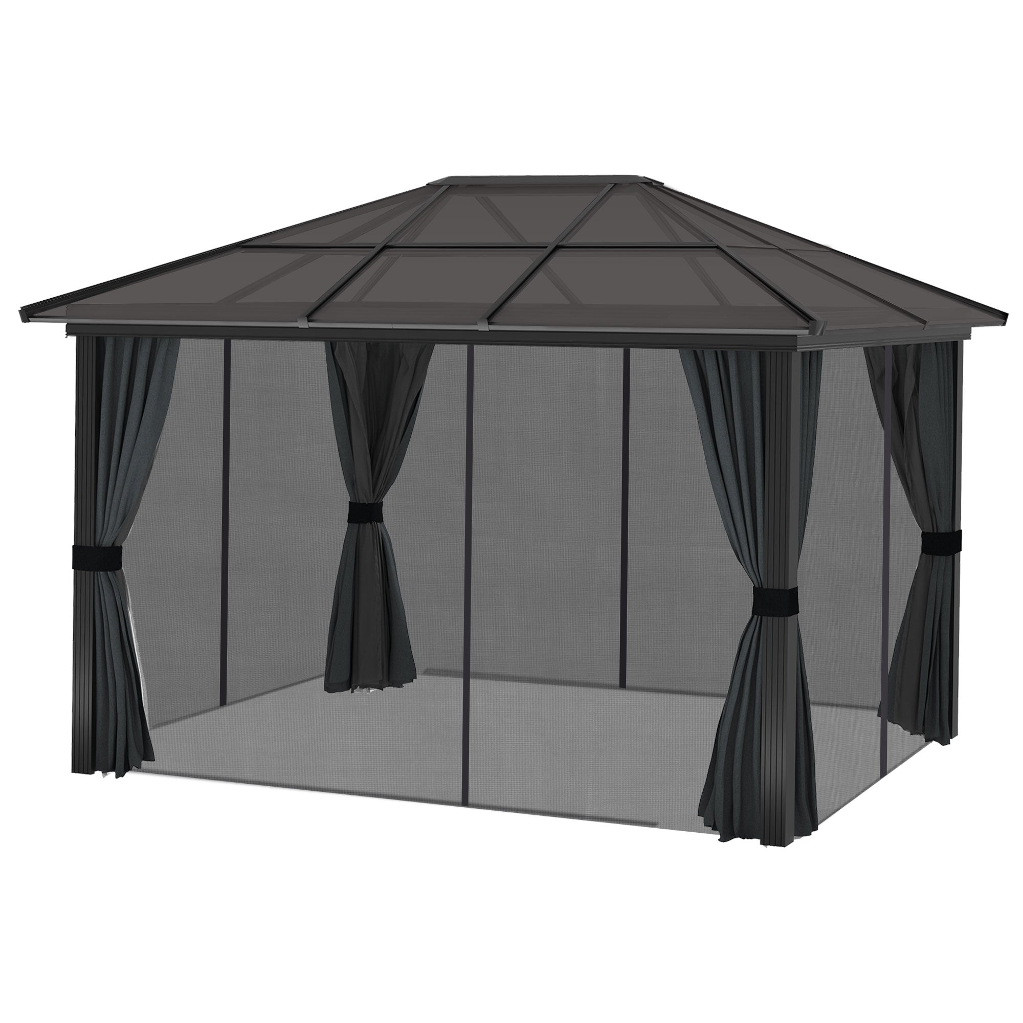 Outsunny 3 x 3.6m Hardtop Gazebo Canopy with Polycarbonate Roof, Aluminium Frame, Permanent Pavilion Garden Gazebo with Netting and Curtains for Patio, Deck, Dark Grey - North Peak Garden Furniture