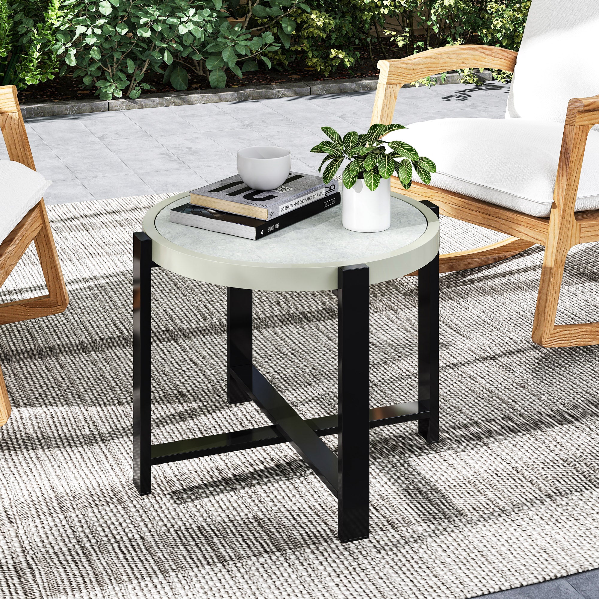 Outsunny Round Small Garden Table, 60cm Outdoor Side Table with Faux Marble Tempered Glass Top, Aluminium Frame for Garden, Patio, Balcony, Light Grey - North Peak Garden Furniture