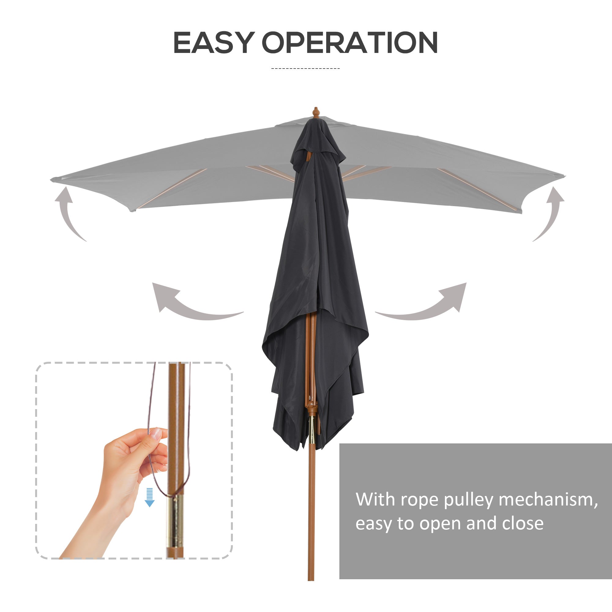 Outsunny 2 x 3m Wooden Garden Parasol Umbrella Outdoor Sun Shade Canopy, Dark Grey - North Peak Garden Furniture