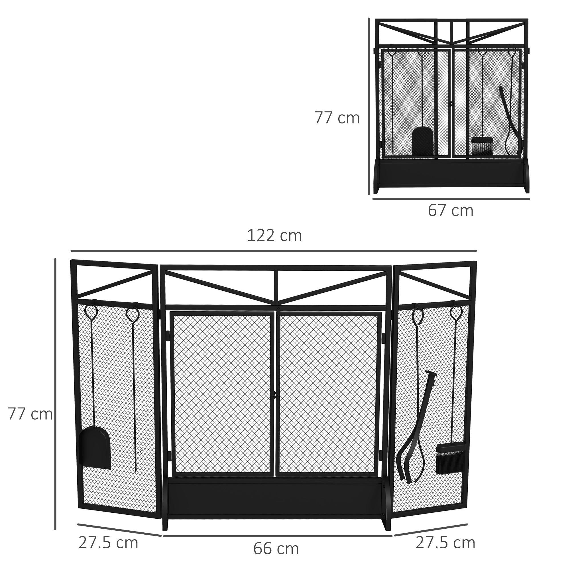 HOMCOM 3 Panel Folding Fire Guard Screen with Fireplace Tool Sets and Front Doors, Freestanding Fire Screen Spark Guard with Feet for Open Fire, Log Burner, Fireplace, 122 x77 cm, Black - North Peak Garden Furniture